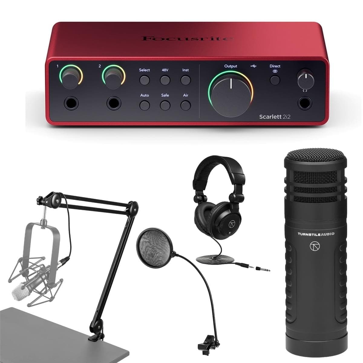 Focusrite Scarlett 2i2 4th Gen USB Audio Interface with Software, Bundle Hyper-Cardioid Dynamic Mic, Broadcast Arm w Springs & Integrated 10' XLR Cable, Studio Monitor Headphones, Pop