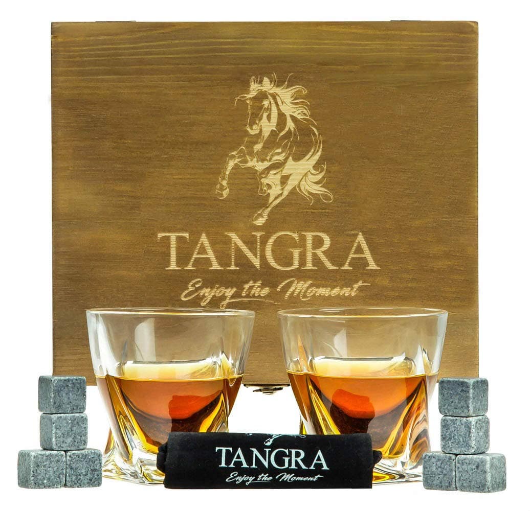 Whiskey Stones Luxury Gift Set of 8 Granite Ice Cubes Reusable Chilling Rocks + 2 Large Size Scotch Glasses in Wooden Box. Cool Whiskey Gift Sets for Man Dad Father Groomsmen