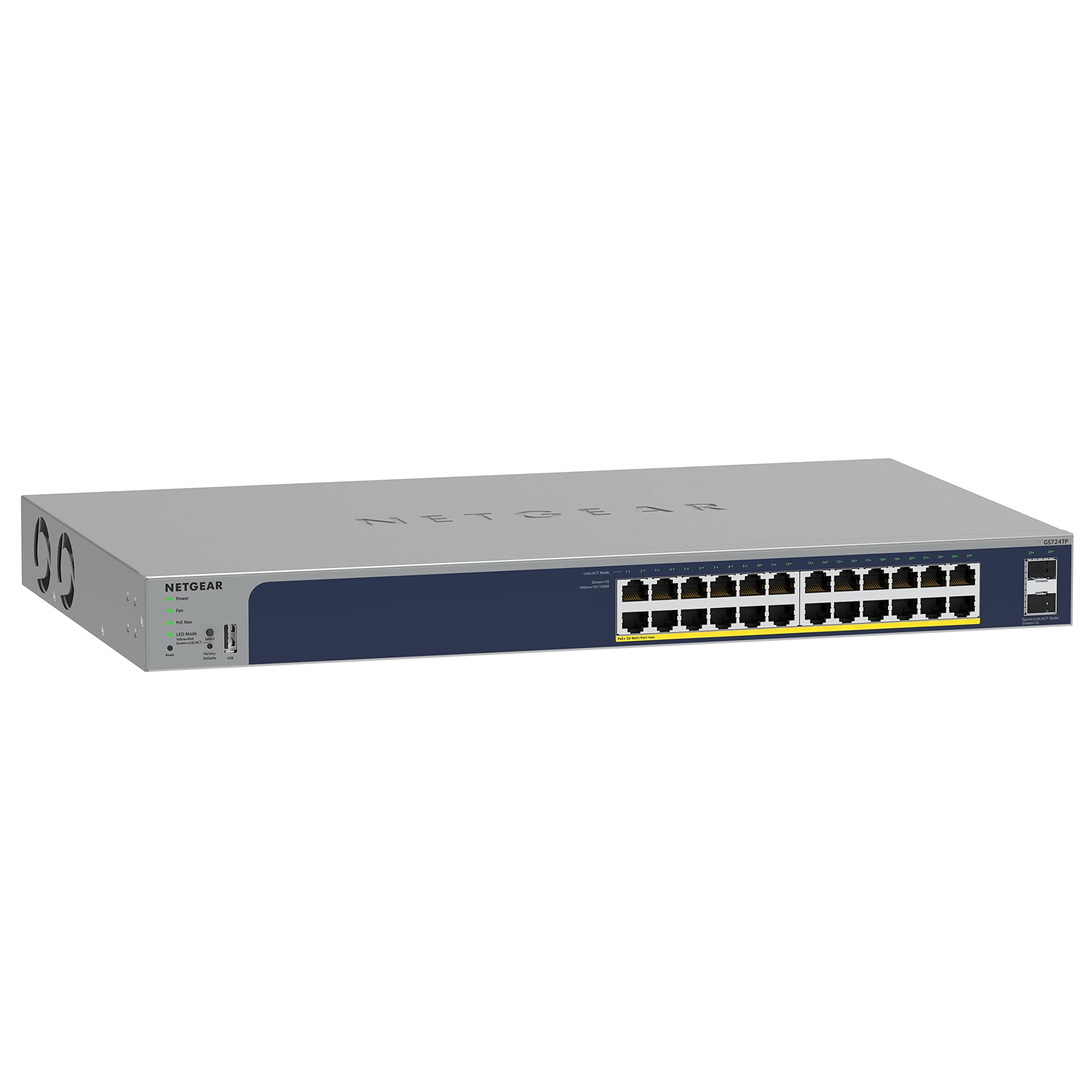 24-Port Gigabit Ethernet Smart Managed Pro PoE Network Switch (GS724TP) - Hub with 24 x PoE+ @ 190W, 2 x 1G SFP, Desktop/Rackmount, and ProSAFE Protection