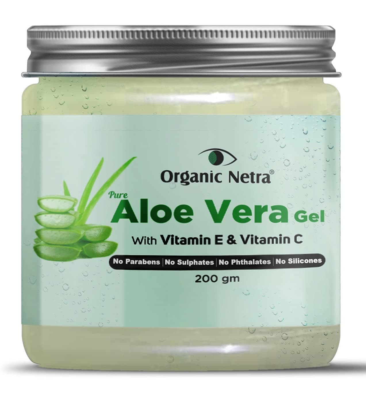 Organic Netra Pure Aloe Vera Gel with Vitamin C & E for Skin, Face and Hair | Helps to Repair and Smoothens Hair | Relax and Renew Your Skin and Scalp | Paraben Free & Sulphate Free - 7.05 Oz