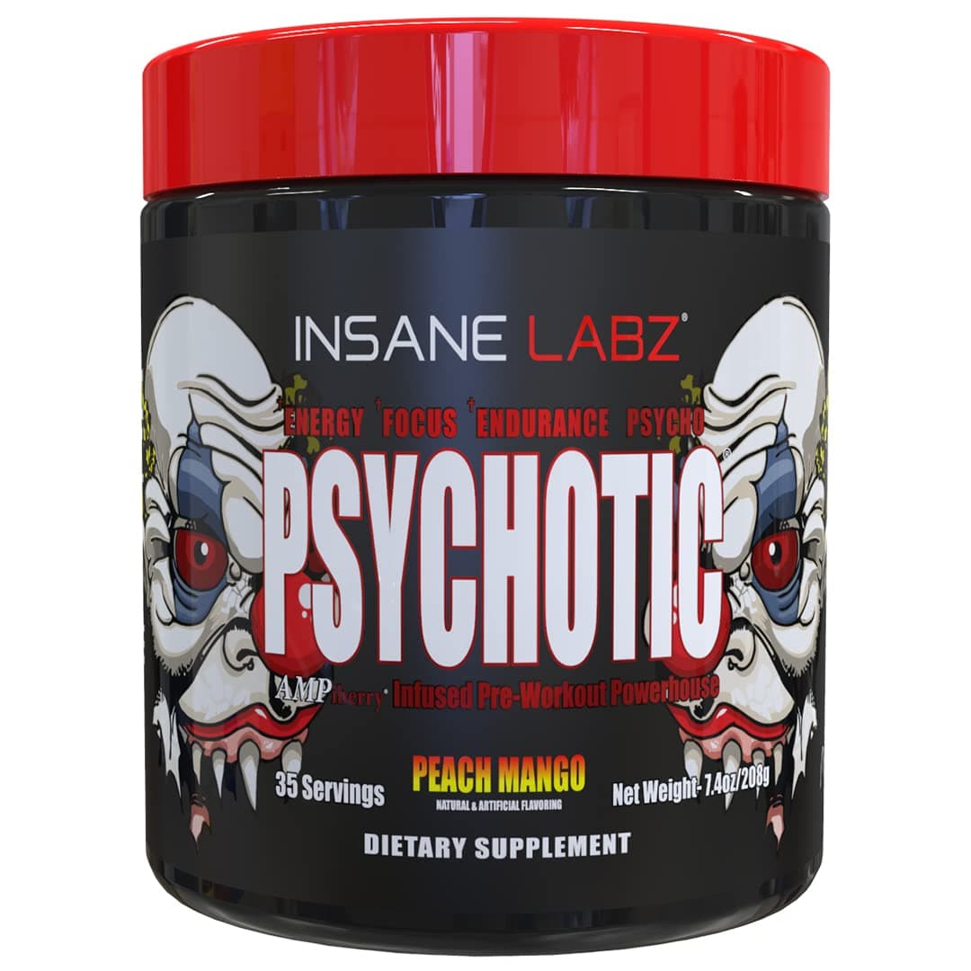 Psychotic, High Stimulant Pre Workout Powder, Extreme Lasting Energy, Focus and Endurance with Beta Alanine, Creatine Monohydrate DMAE, 35 Srvgs (Peach Mango)