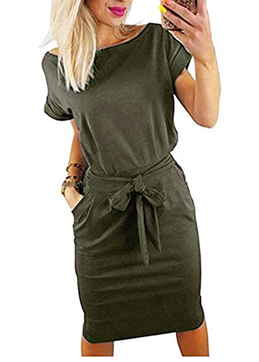 PALINDA Women's Striped Elegant Short Sleeve Wear to Work Casual Pencil Dress with Belt