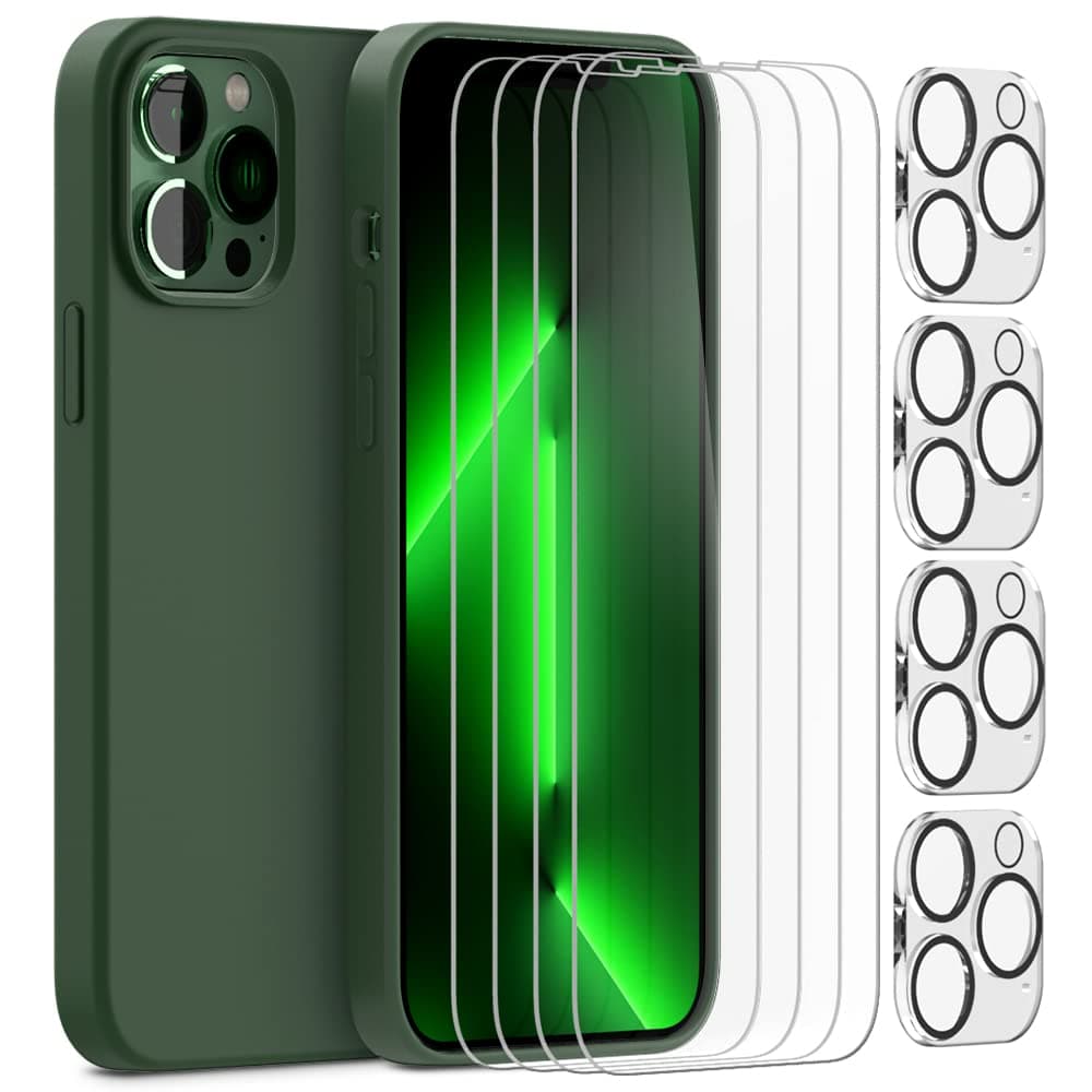 Zonlaky 9 in 1 Bundle Designed for iPhone 13 Pro Max Case 6.7 Inch Compatible + 4 Pack Tempered Glass Screen Protector + 4 Pack Camera Lens Protectors + 1 Silicone Bumper Cover - Clover