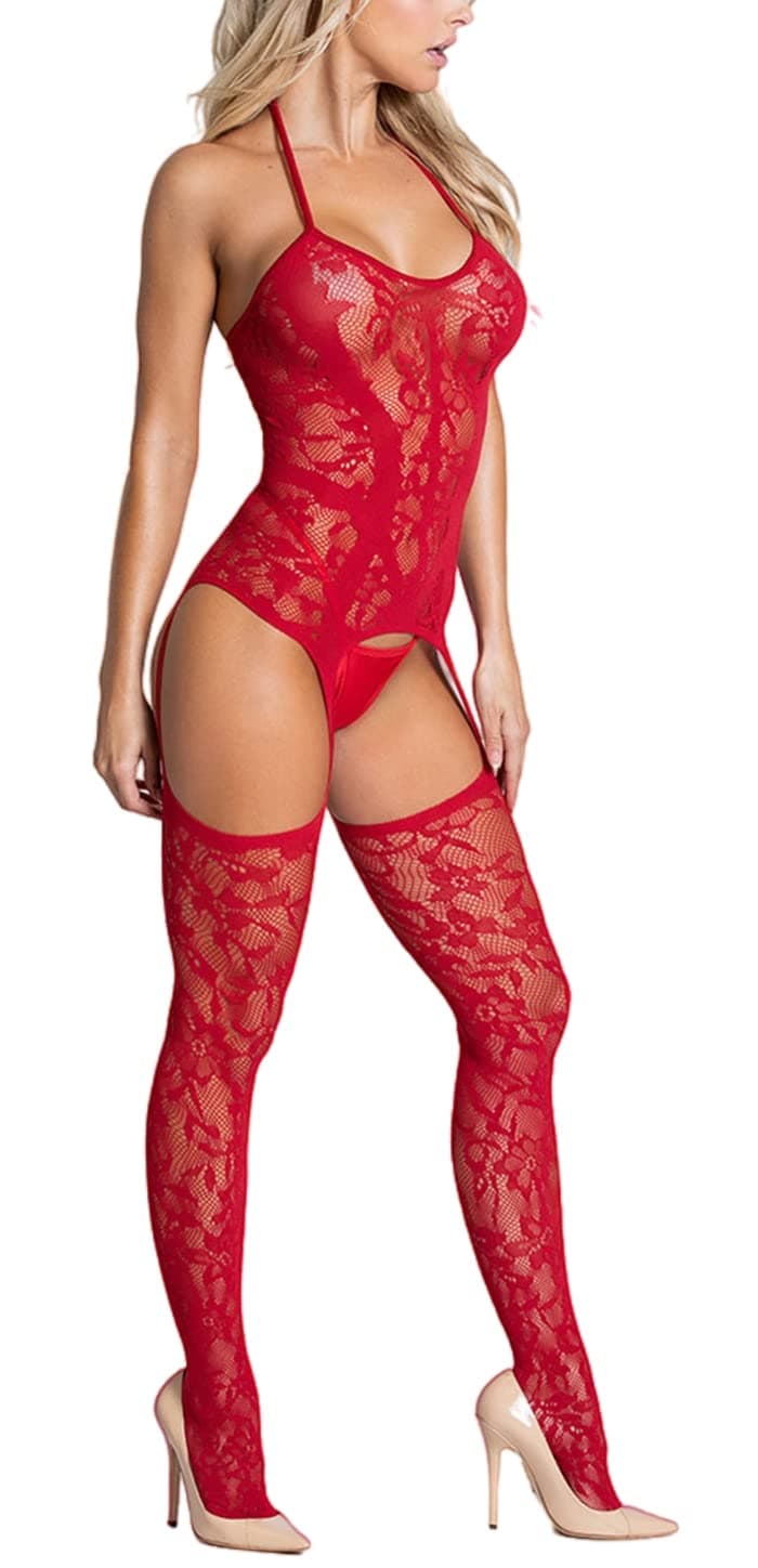 Stockings and Suspenders set Body Stocking Fishnet Chemise Nightwear for Women Lace Garter Lingerie Set without Thong