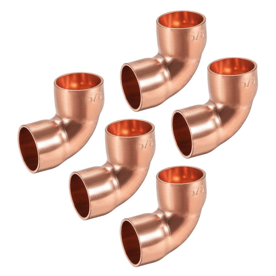 uxcell 15.9mm ID 90 Degree Copper Elbow Short-Turn Copper Pipe Fitting Connector with Two Cups for Sweat Connection 5pcs
