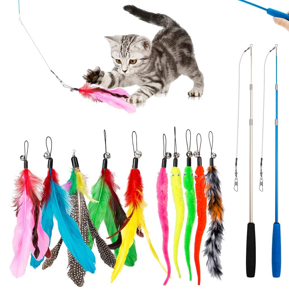 Feather Teaser Cat Toy, 2PCS Retractable Wand & 10PCS Replacement Feathers, Interactive Cat Catcher & Exercise for Kittens/Cats