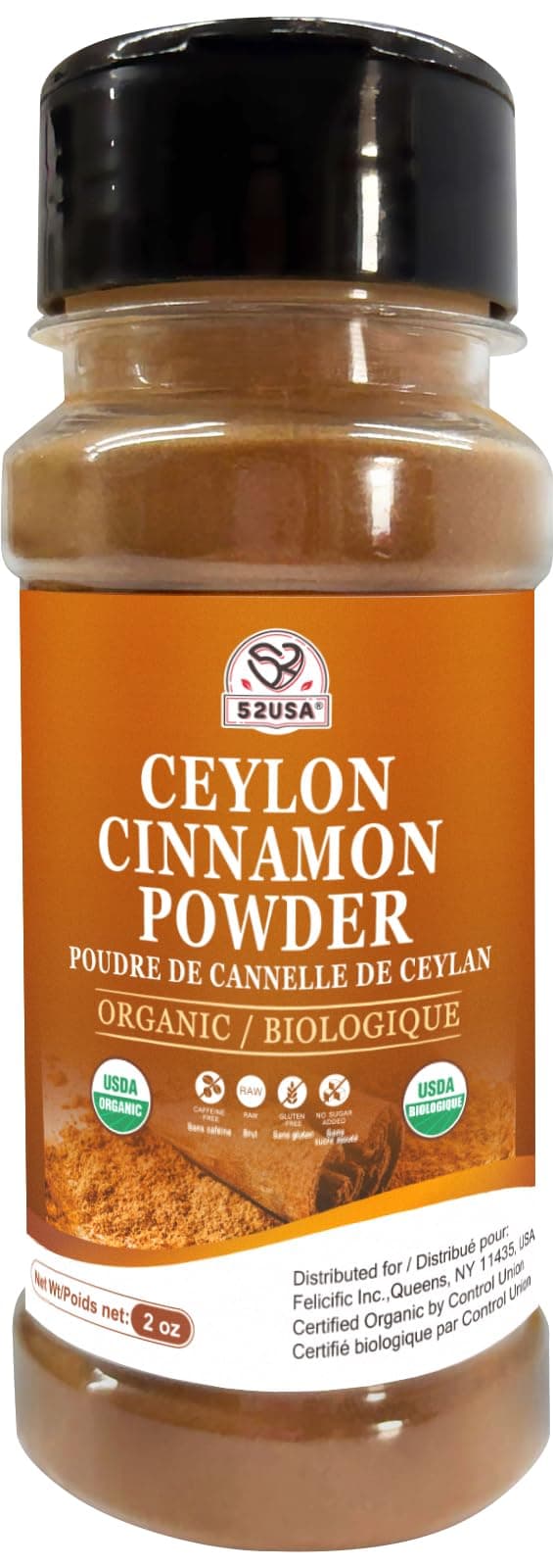 52USA Organic Ceylon Cinnamon Powder, 2 Ounce, True Cinnamon Farmed in Sri Lanka, Non-GMO, Gluten-Free, Perfect for Baking, Cooking and Beverages