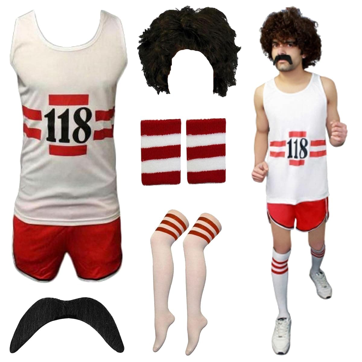118 118 MENS FANCY DRESS COSTUME MARATHON RETRO VEST SHORTS TASH SOCKS WIG#V+S+M+WB+SOCKS#Medium