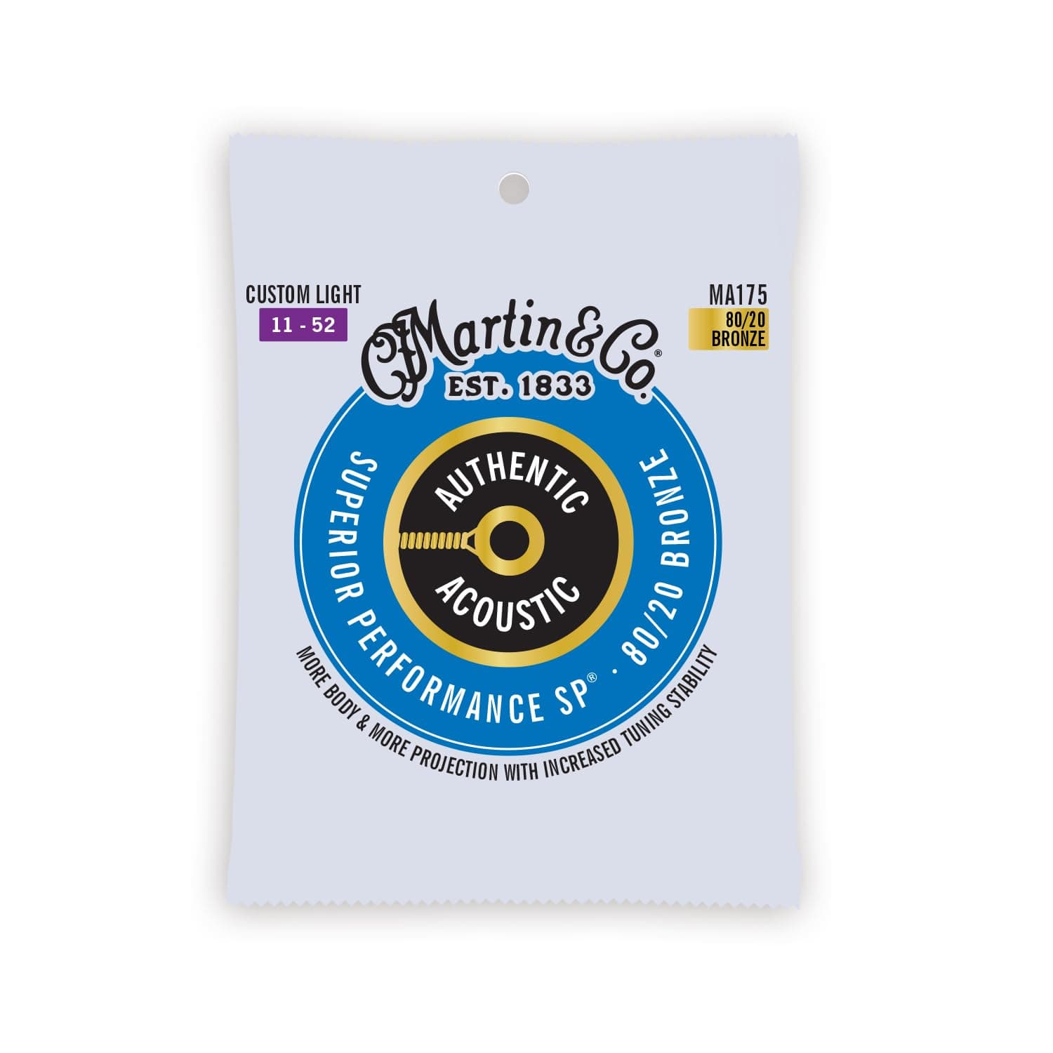 Martin Authentic Acoustic Guitar Strings, Superior Performance Custom Light 11-52, 80/20 Bronze
