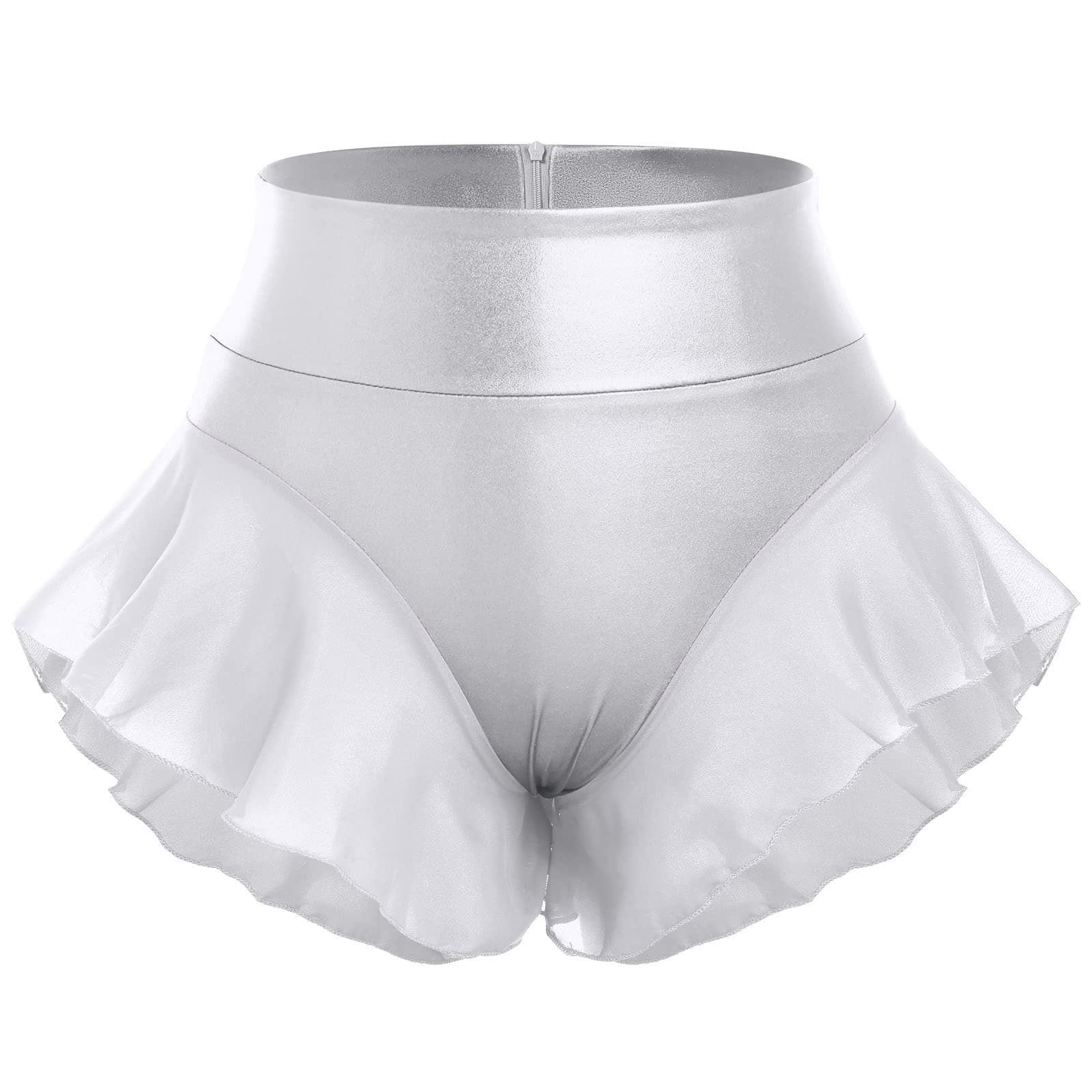Womens Ruffle Shiny Rave Booty Shorts Dance Bottoms High Waist Mini Hot Pants Stage Yoga Active Dancewear Silver Large