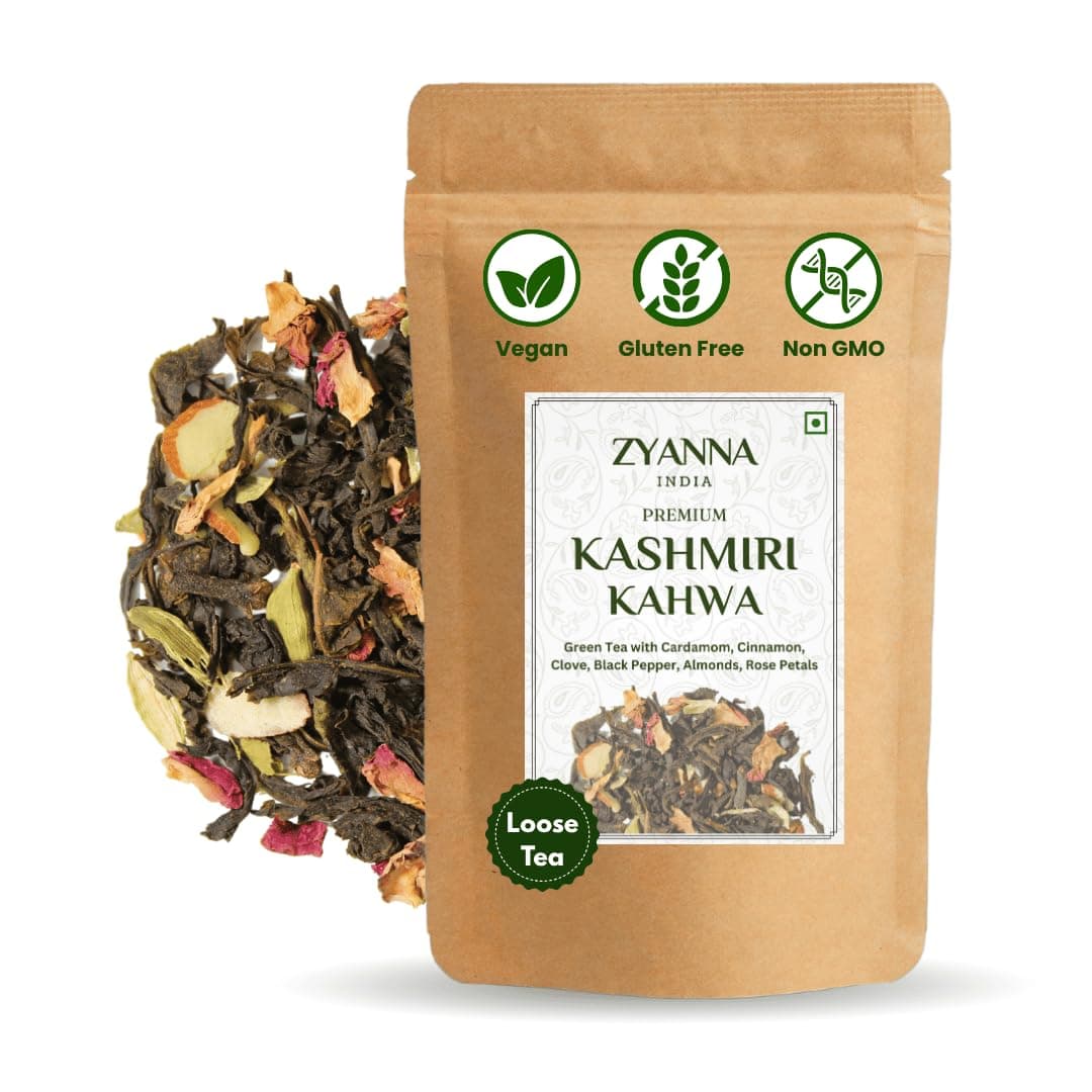 Zyanna Kashmiri Kahwa Tea - Herbal Detox Green Tea Loose (100 Cups/3.53oz bag) 100% Natural Indian Spices - Cardamom Cinnamon Clove Black Pepper Almonds Rose Petals - Gluten Free - Hot Iced Kombucha