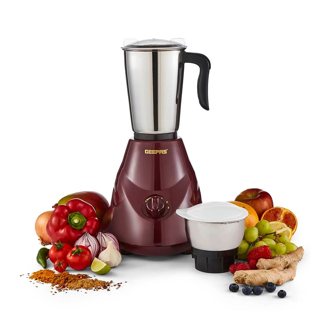 GEEPAS 550W 2-in-1 Mixer Grinder | Stainless Steel Jars & Blades | 3 Speed Control, Perfect for Chutney, Dry & Wet Fine Grinding Mixing | Overload Protection | Powerful Motor | 2 Year Warranty, Maroon