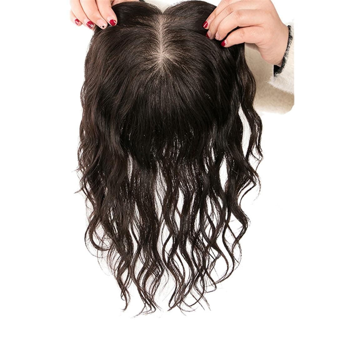 LXUE Free Part Human Hair Topper Hair Piece Curly 14 x 14cm Silk Base Wiglet Hairpiece for Women with Thinning Hair, 20cm Dark Brown