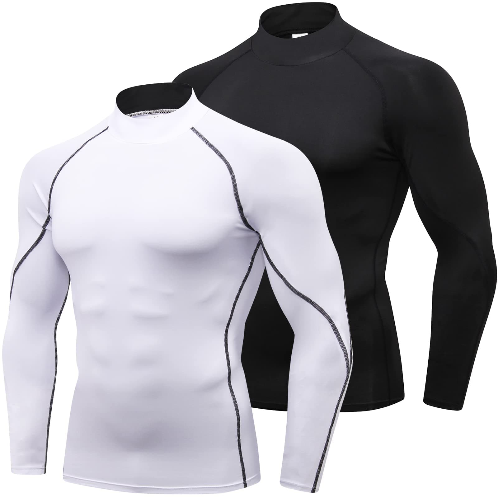 1 or 2 Pack Men's Compression Shirts Long Sleeve Athletic Workout T-Shirts Cool Dry Undershirts Turtle Neck Gym Tops