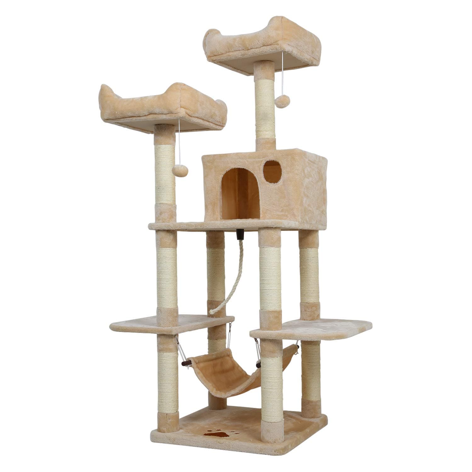 Meerveil Cat Tree - Tall Large Scratching Post, Multi-Level Stable Climbing Tower With Padded Perches, Play Toys for Activity, Beige, 50x50x145 cm