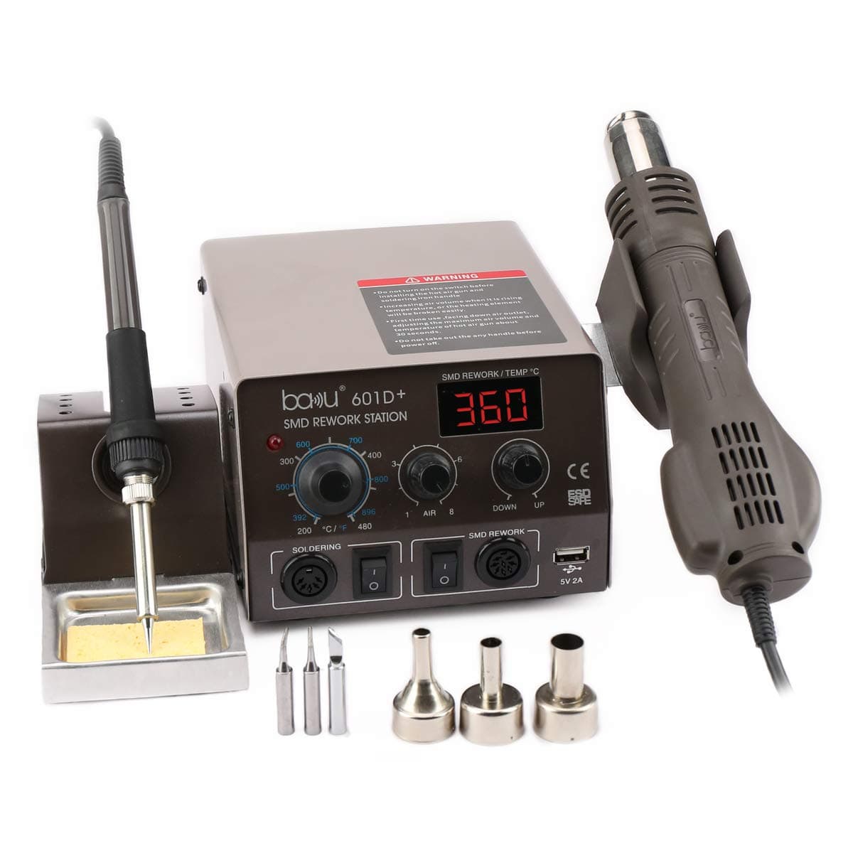 Upgraded Baku Digital Soldering Station Professional Solder Iron SMD Hot Air Gun Rework Station(Baku 601D+)
