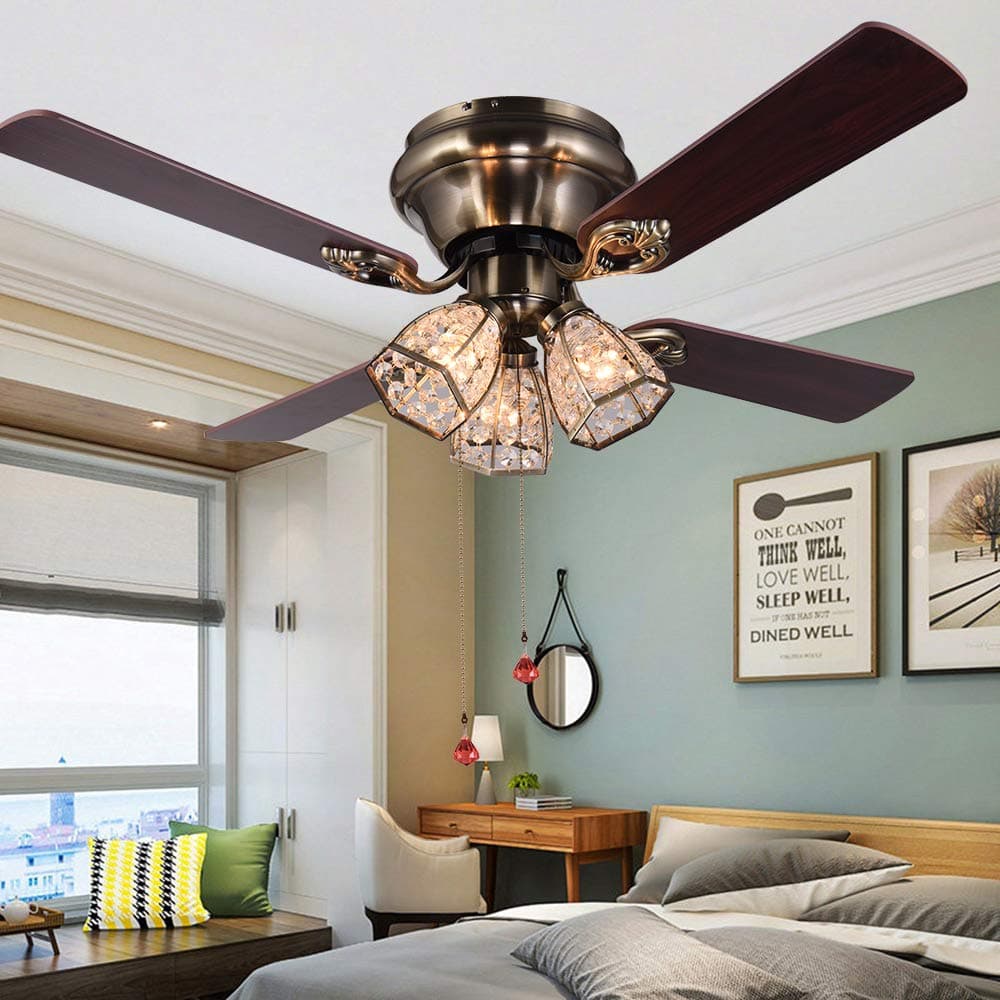 Flush Mount Indoor Ceiling Fan with Three Crystal Lights, Bronze (42Inch with Light)