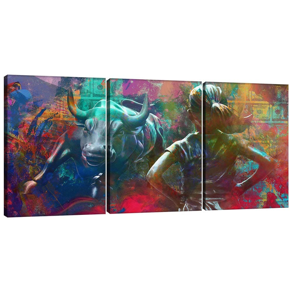 Motivational Wall Art Canvas Print Fearless Girl Wall Street Charging Bull Office Decor 3 Pieces Inspirational Entrepreneurship Quotes Wall Art Prints Poster Picture Decoration Framed - 36" W x 16" H