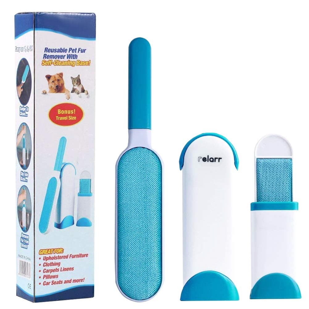 – Pet Hair Remover Brush,Tur Remover for Pet Hair and Clothes Double-Sided with Self-Cleaning Base and Travel Size Brush (Blue, streamline)