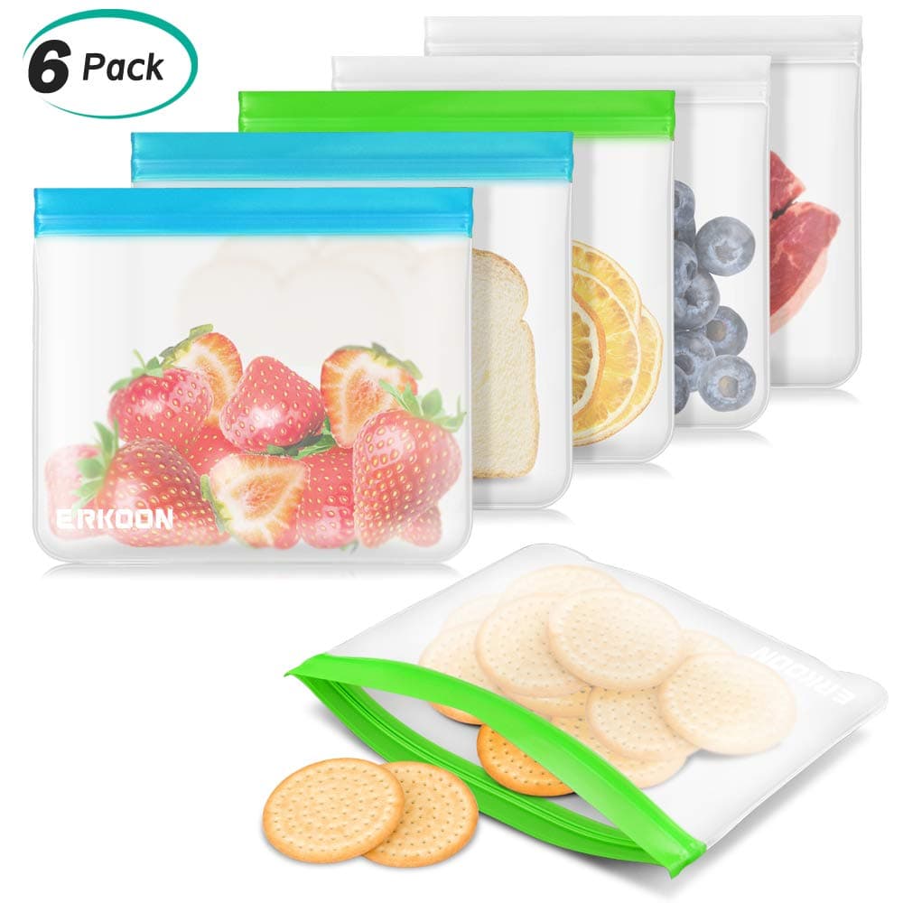 ERKOON Pack of 6 Leakproof Reusable Food Storage Bags Sandwich Bags Reusable Ziplock Bags Ideal for Lunch Sandwich, Food Snacks, Fruits, Travel Home Organization