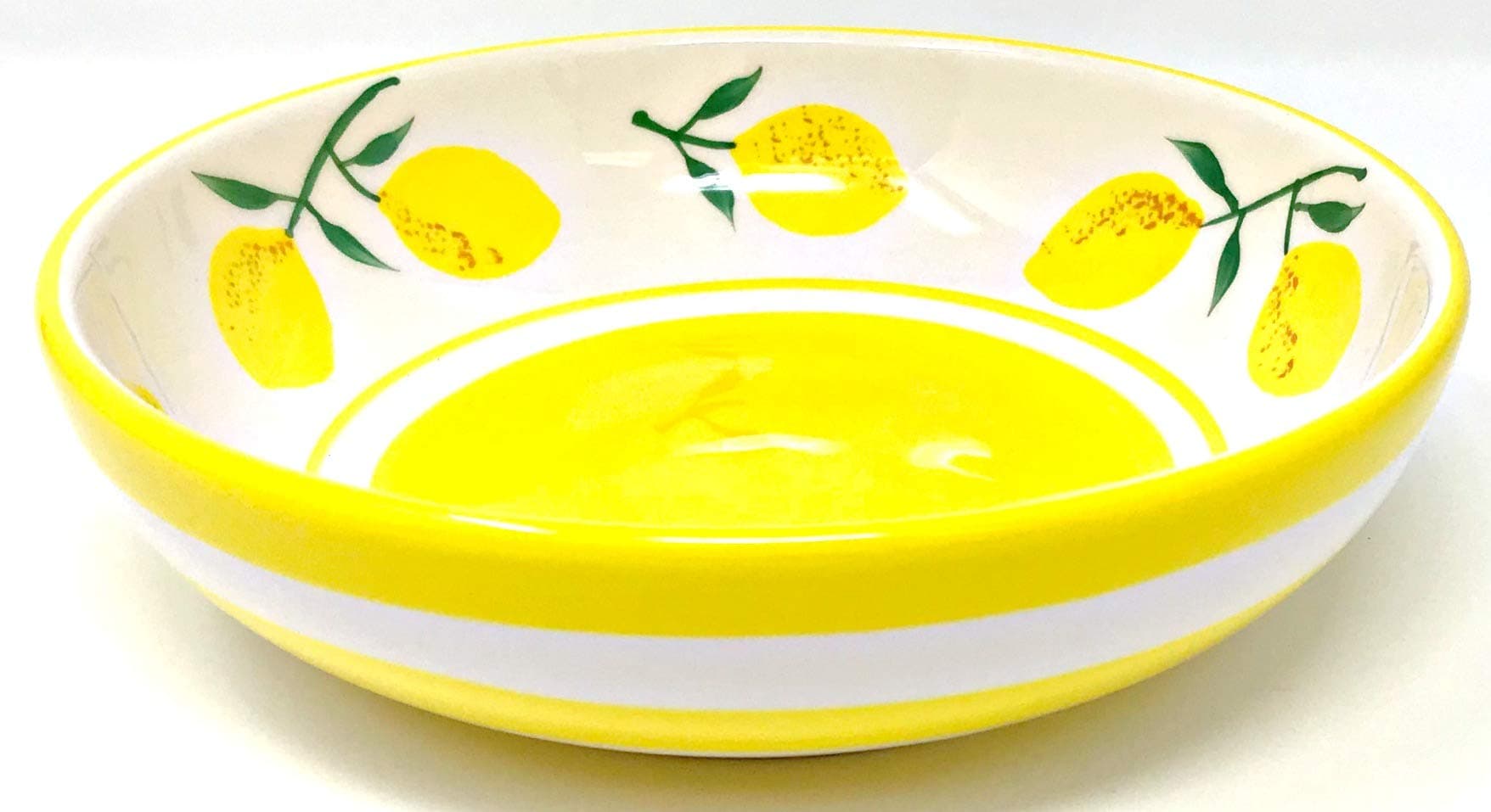 Sunny Bright Lemons On A White Serving | Pasta Bowl | Lemons Decorating The Inside With A Solid Yellow Circle | Outside Design Is Yellow & White Stripes | 8 inches x 2.25 inches