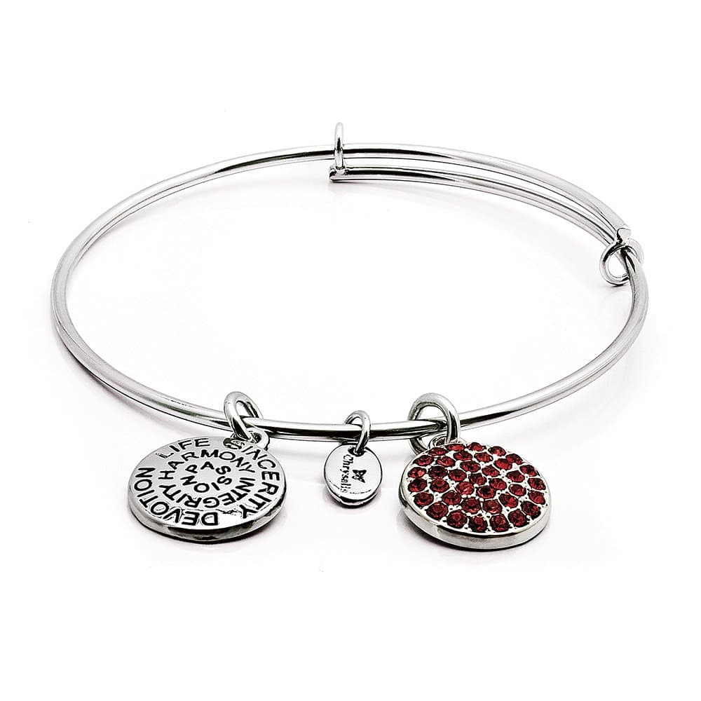 Chrysalis July birthstone - Ruby Crystal charm and rhodium plate expandable bangle. Ruby symbolises integrity, devotion and sincerity