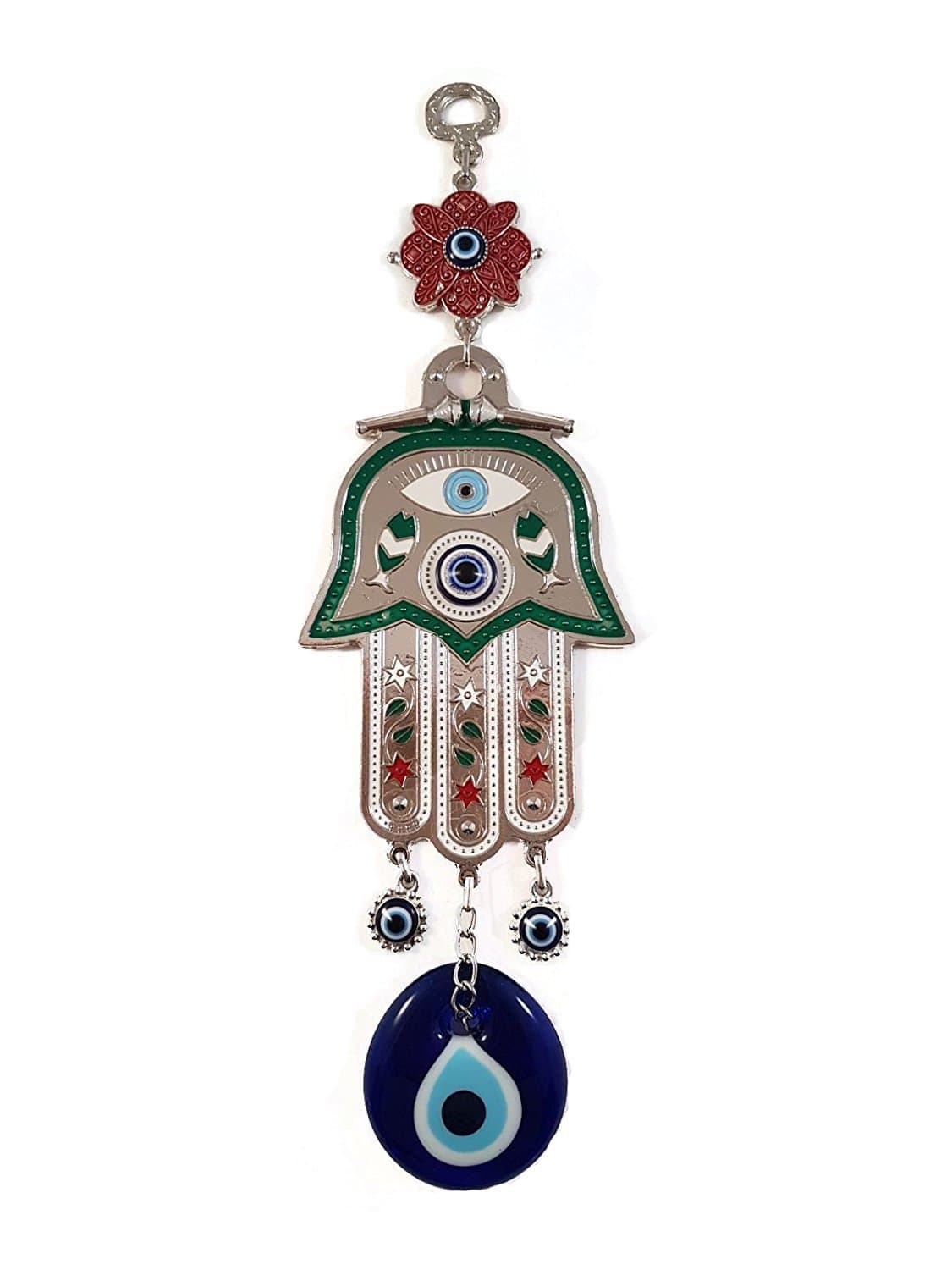 Bead Global Turkish Hand of Mother Fatima Evil Eye Home Protection Charm - Red Flowered Hamsa and Evil Eye Hanging Ornament Wall Decor (Green)