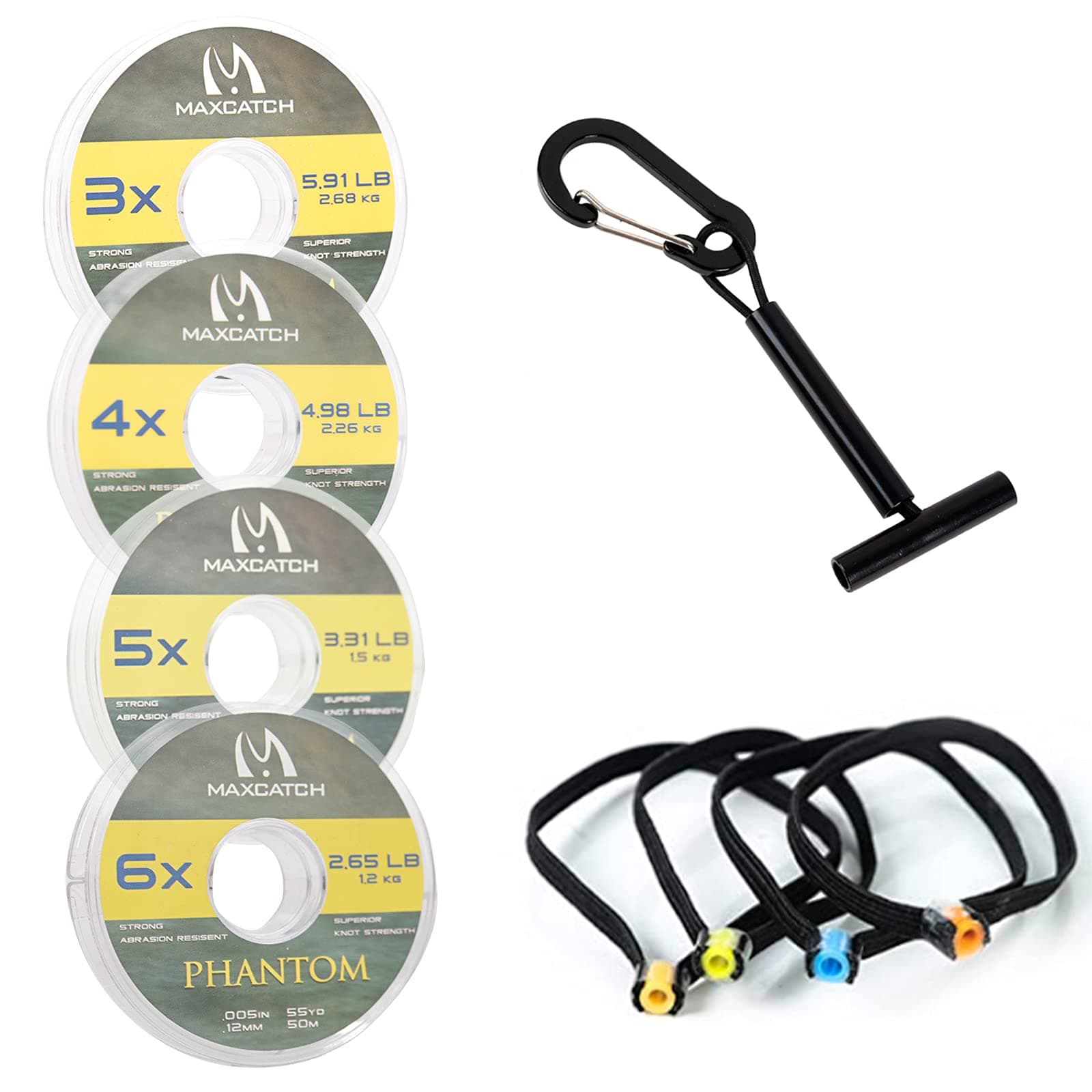 MAXIMUMCATCH Fly Fishing Tippet Line (3X, 4X, 5X, 6X) with Tippet Holder & Spool Tender, Clear, 50m/55Yds, 4PCS