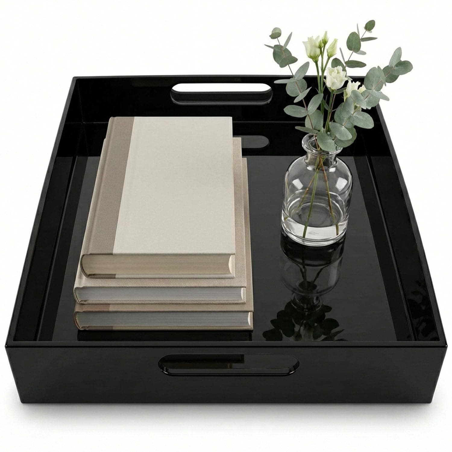 Black Small Acrylic Serving Tray 16x12, Waterproof Modern Coffee Table Tray with Handles, Decorative Rectangle Acrylic Organizers for Living Room, Bar Cart, Bathroom Decor & Vanity Desk Decor