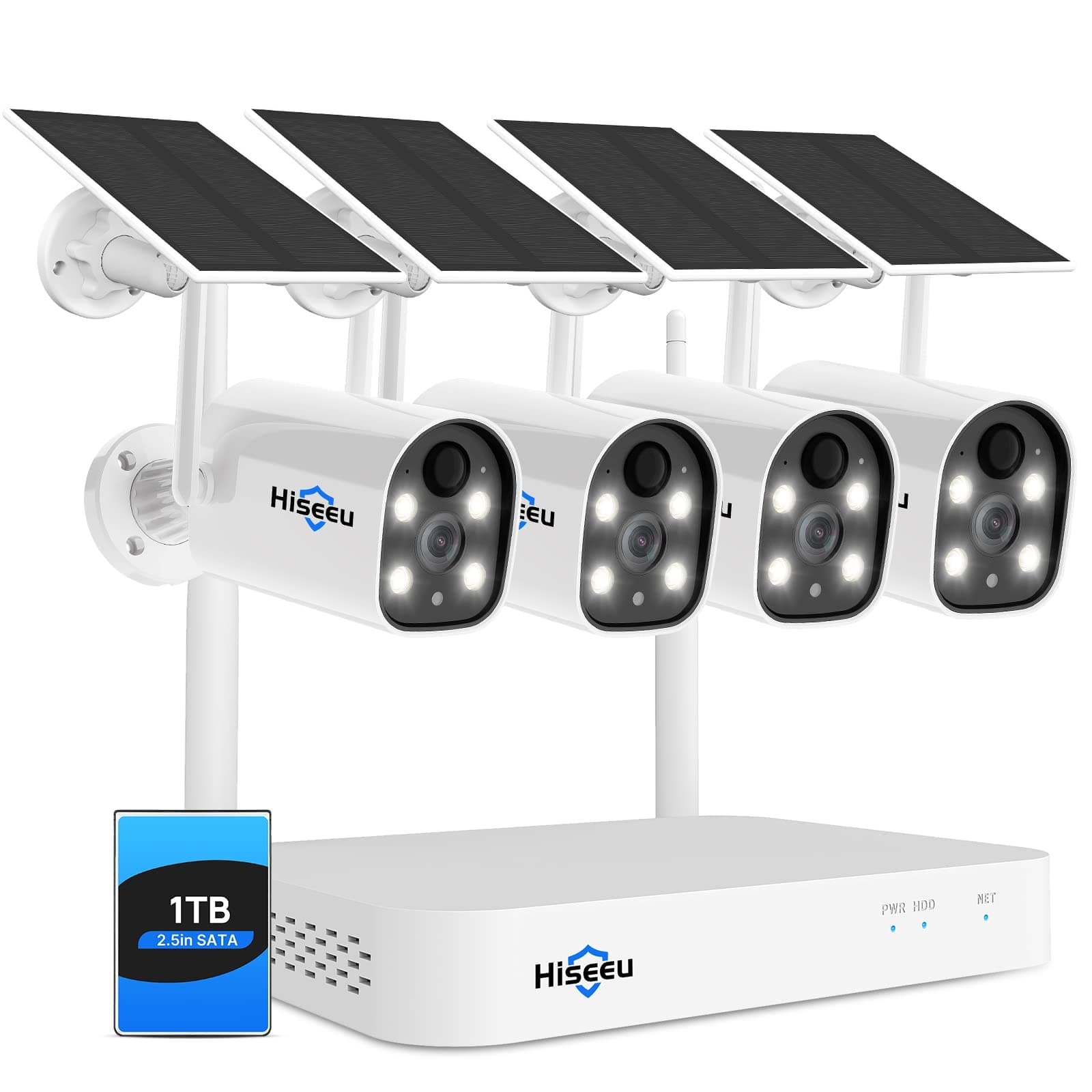 Hiseeu Wireless Security Camera System with Solar Battery, 4MP HD, Spotlight, 4 Camera Kits