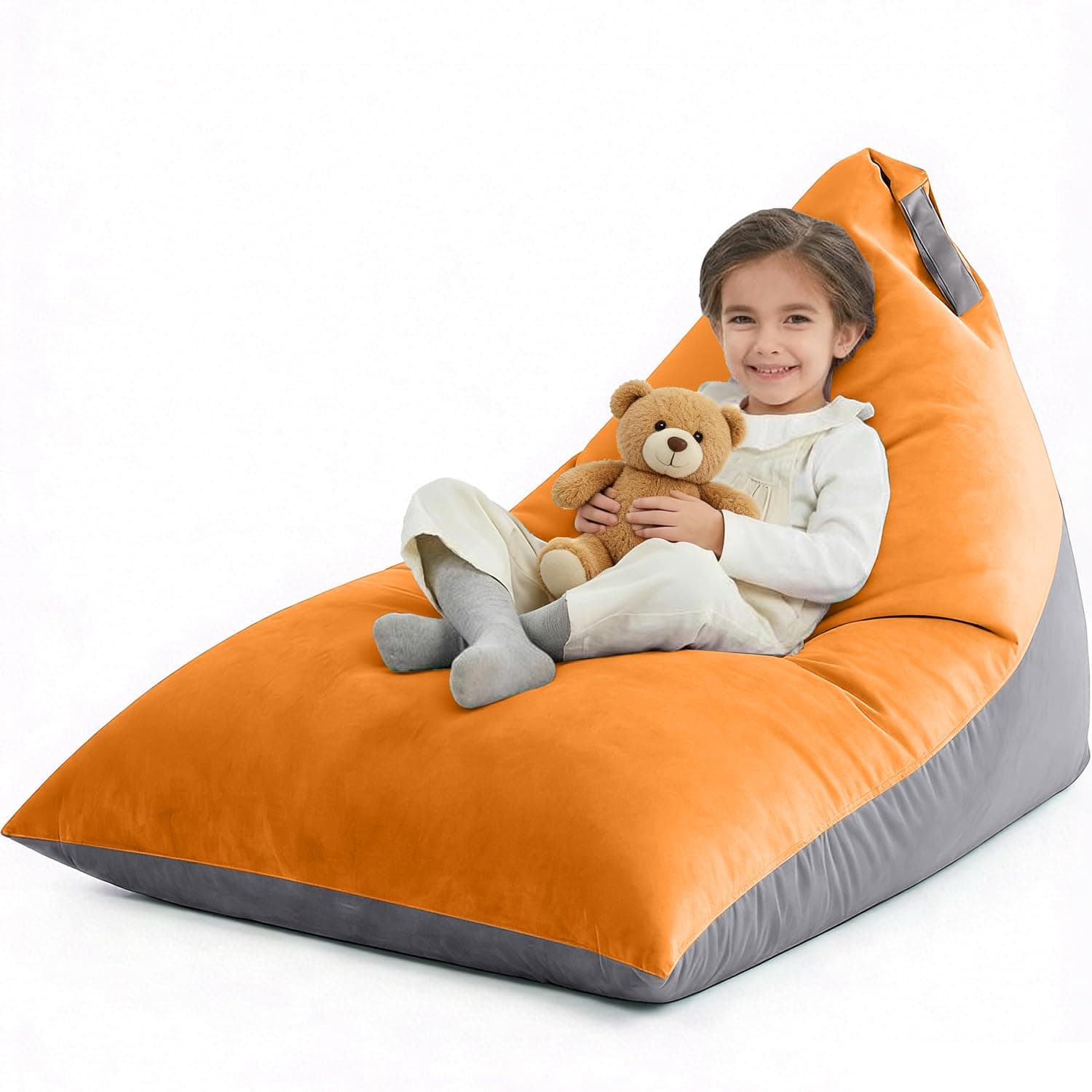 Nobildonna 4ft Bean Bag Chair for Kids, 400L Extra Large Stuffed Animal Storage Bean Bag, Premium Velvet Washable Beanbag Chair Cover (No Filler) Ultra Soft Triangular Lazy Sofa (Orang Grey)