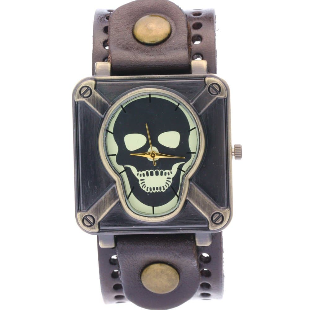 Ghost Rider Copper Skeleton Skull Dial Men boys Brown Wide Belt Cow Leather Wide Strap Cool Watches