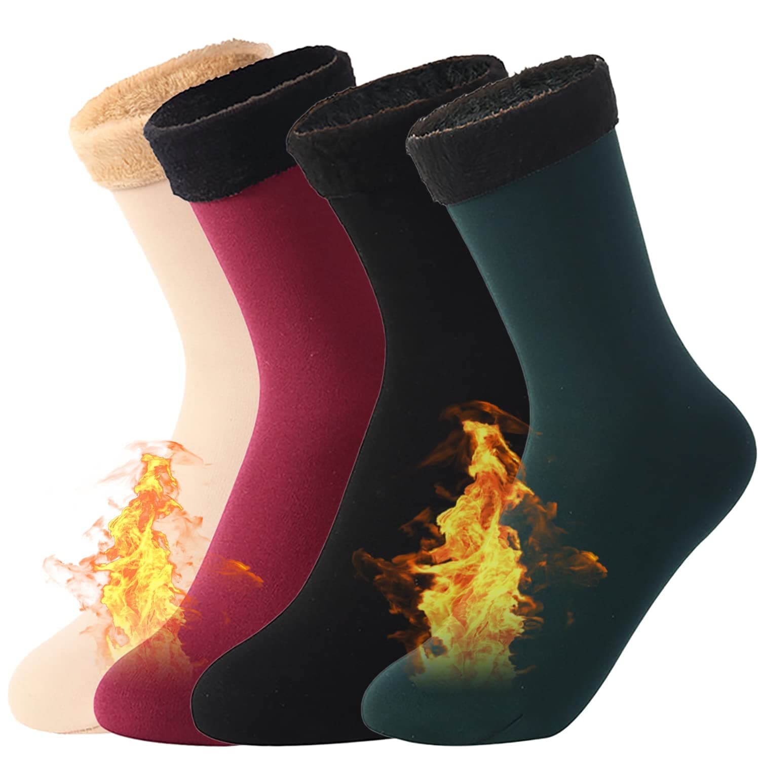 Women Thermal Socks, 4 Pairs Plain Thick Velvet Snow Socks, Ultra Warm Socks for Running Walking Fitness Outdoor Sports (4 ​Colors), One Size