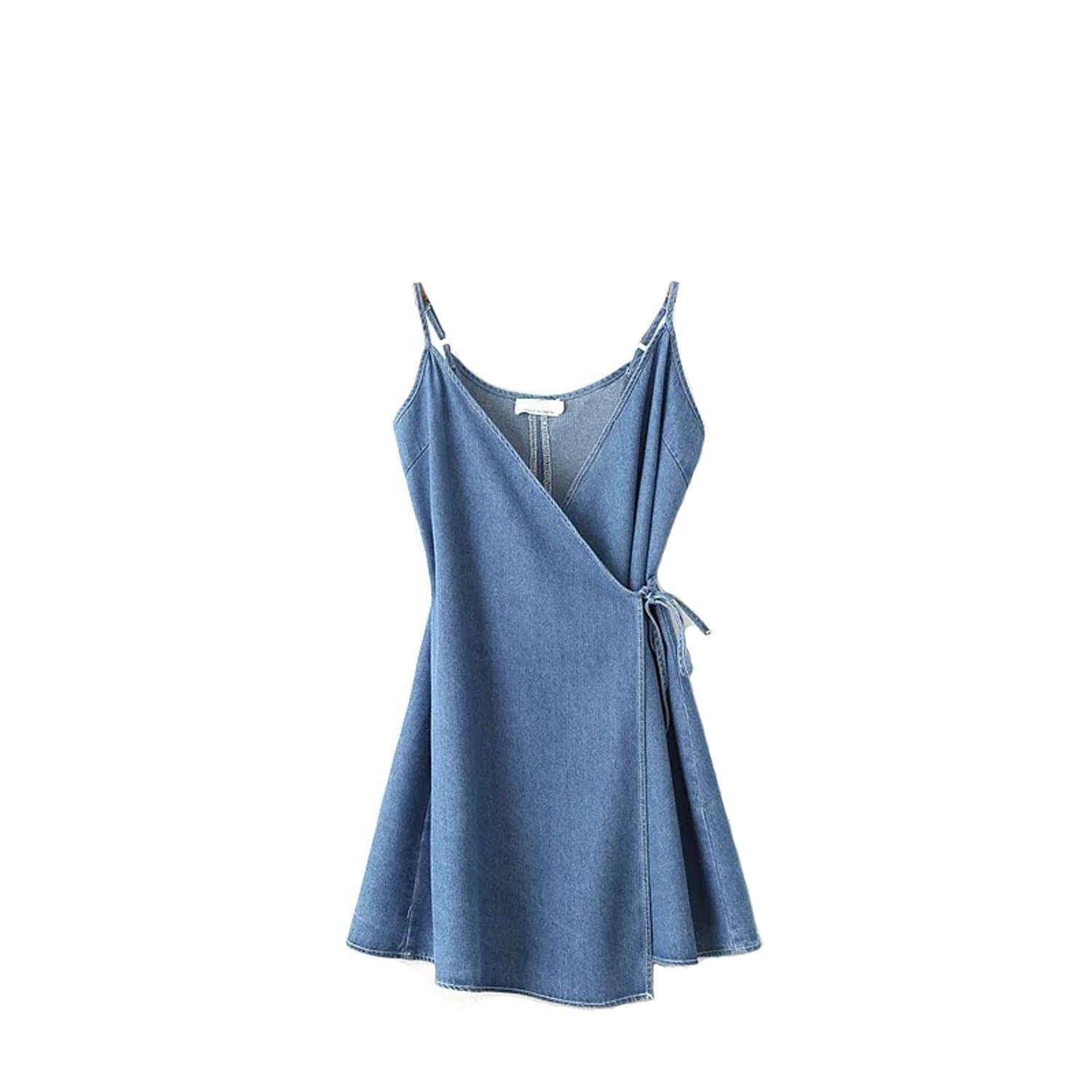 Women's Simple Spaghetti Strap Summer Mini Wrap Denim dress