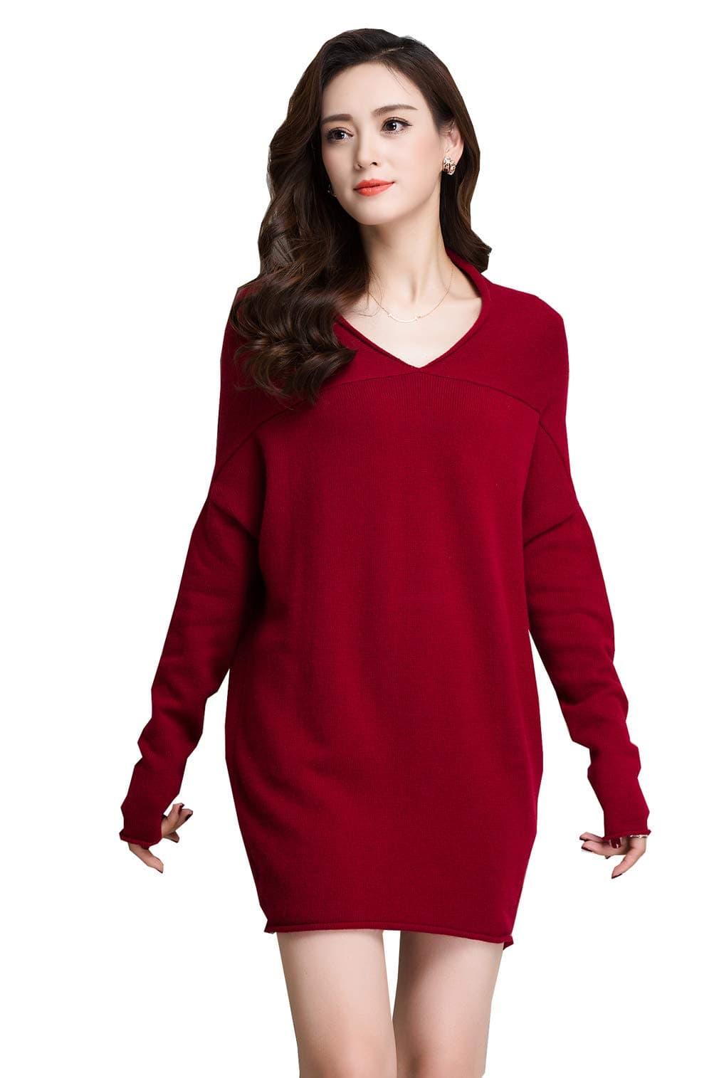 METERDE Women's Knitwear Pure Cashmere V Neck Long Loose fit Pullover Sweater