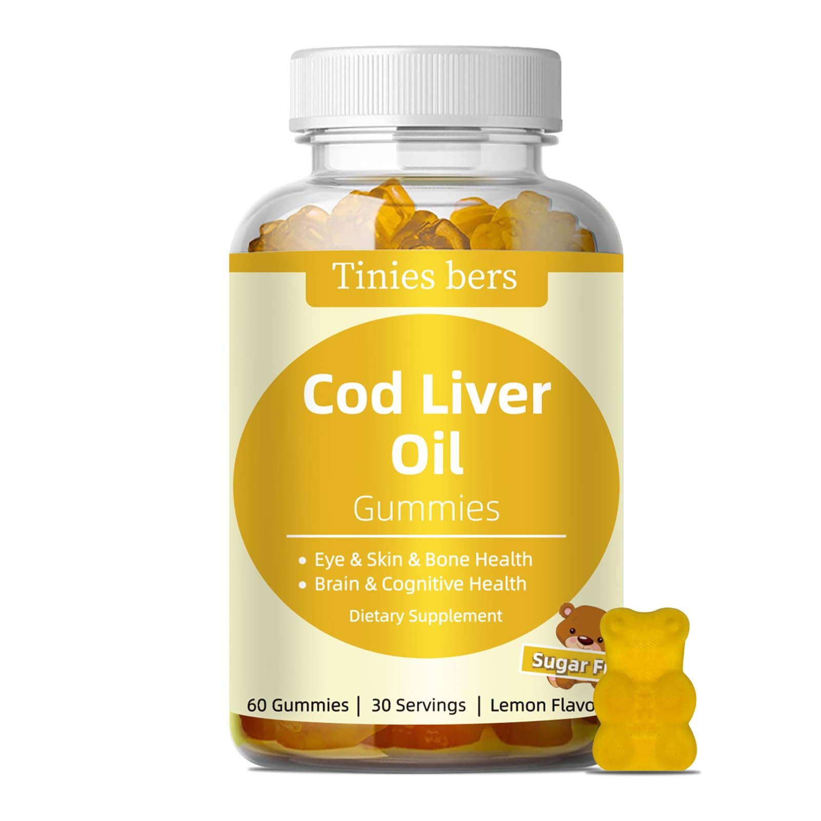 Cod Liver Oil Gummies 1000mg, Sugar Free for Adults & Kids, Omega-3s & Vitamin A&D for Brain, Cognitive, Heart & Eye, Bone Health, Gluten Free, Non GMO, Pectin, 60