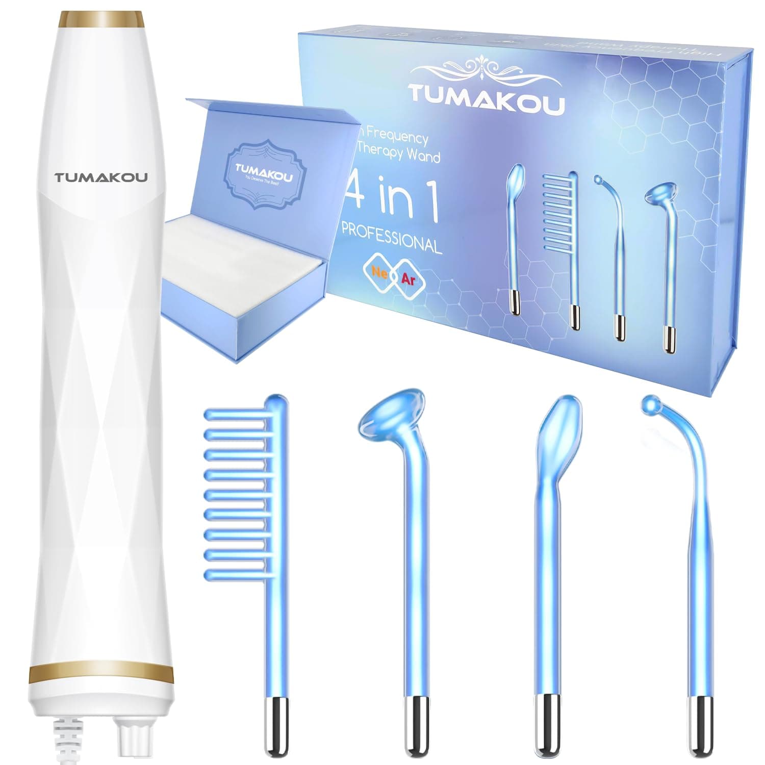 TUMAKOU High Frequency Facial Device - Blue High Frequency Facial Wand - Portable High Frequency Machine with 4 Fusion Neon + Argon Wands