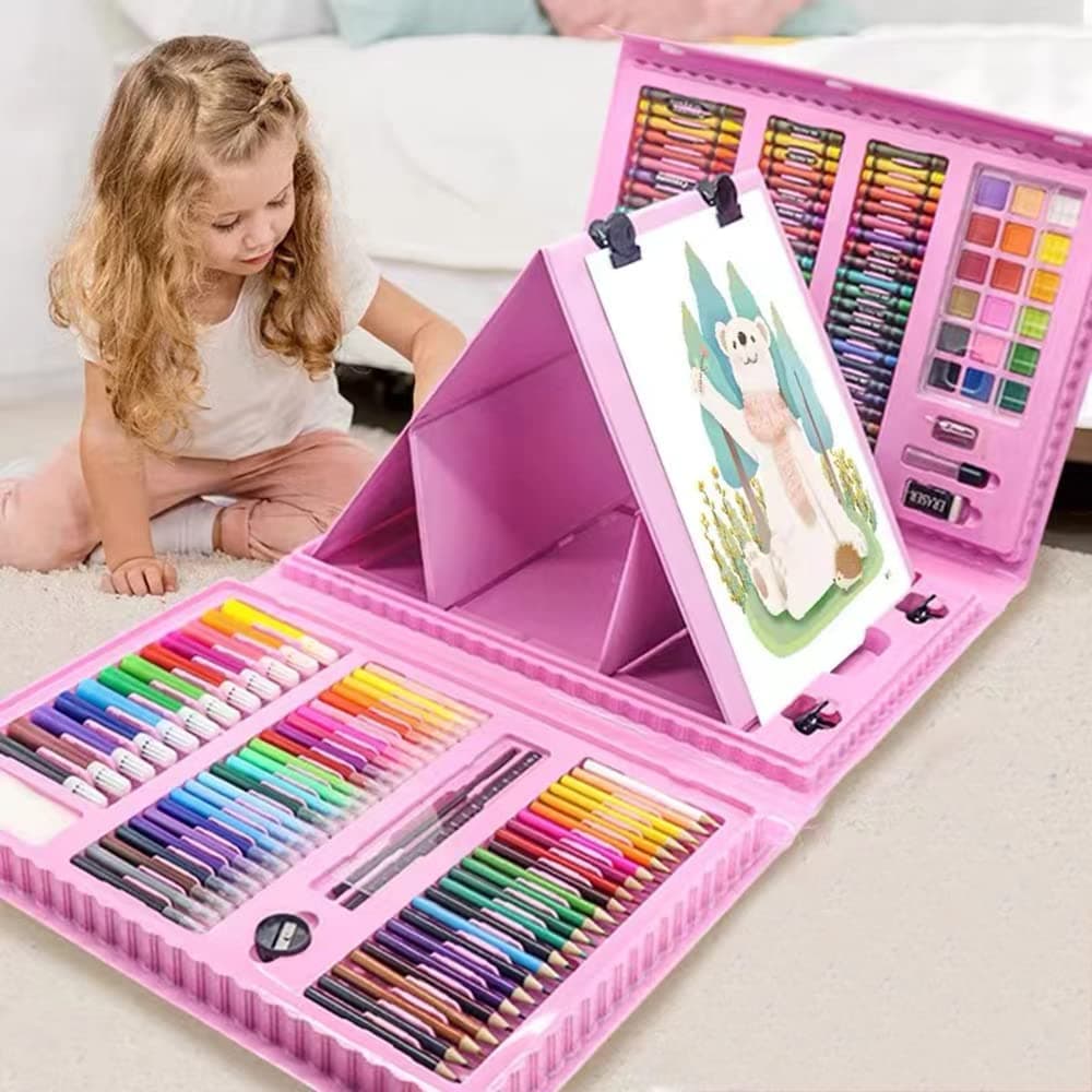 208 PCS Art Supplies, BRAND Drawing Kit for Kids Adults Art Set with Double Sided Trifold Easel, Oil Pastels, Crayons(Pink)