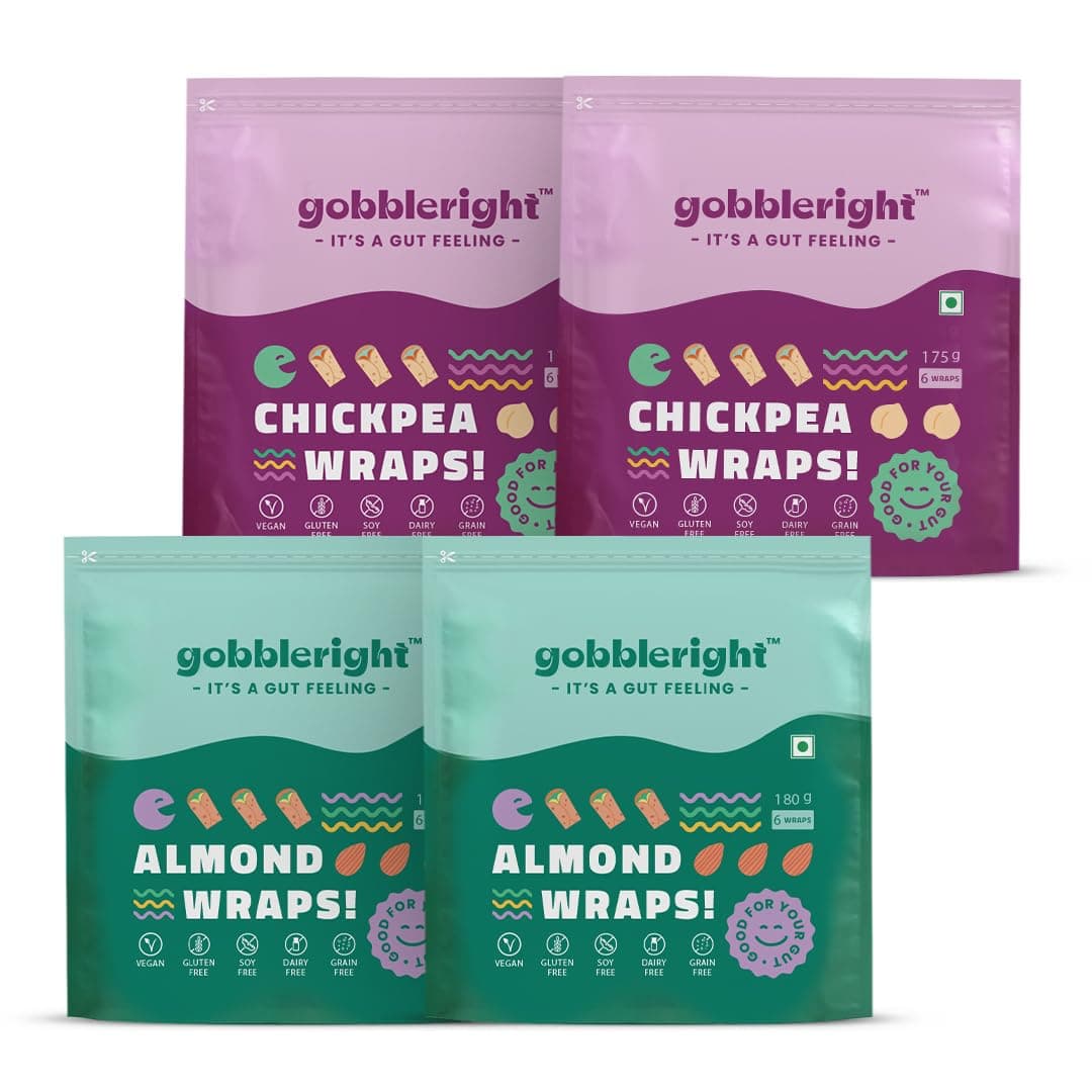 GOBBLERIGHT Gluten-Free Almond Wraps (Pack of 2) + Chickpea Wraps (Pack of 2) Bundle | Vegan, Grain-Free, Low-Calorie Tortilla Wraps for Tacos, Burritos, Shawarma & Rolls | Healthy Keto Snacks | 12 Wraps, High Protein, Dairy-Free