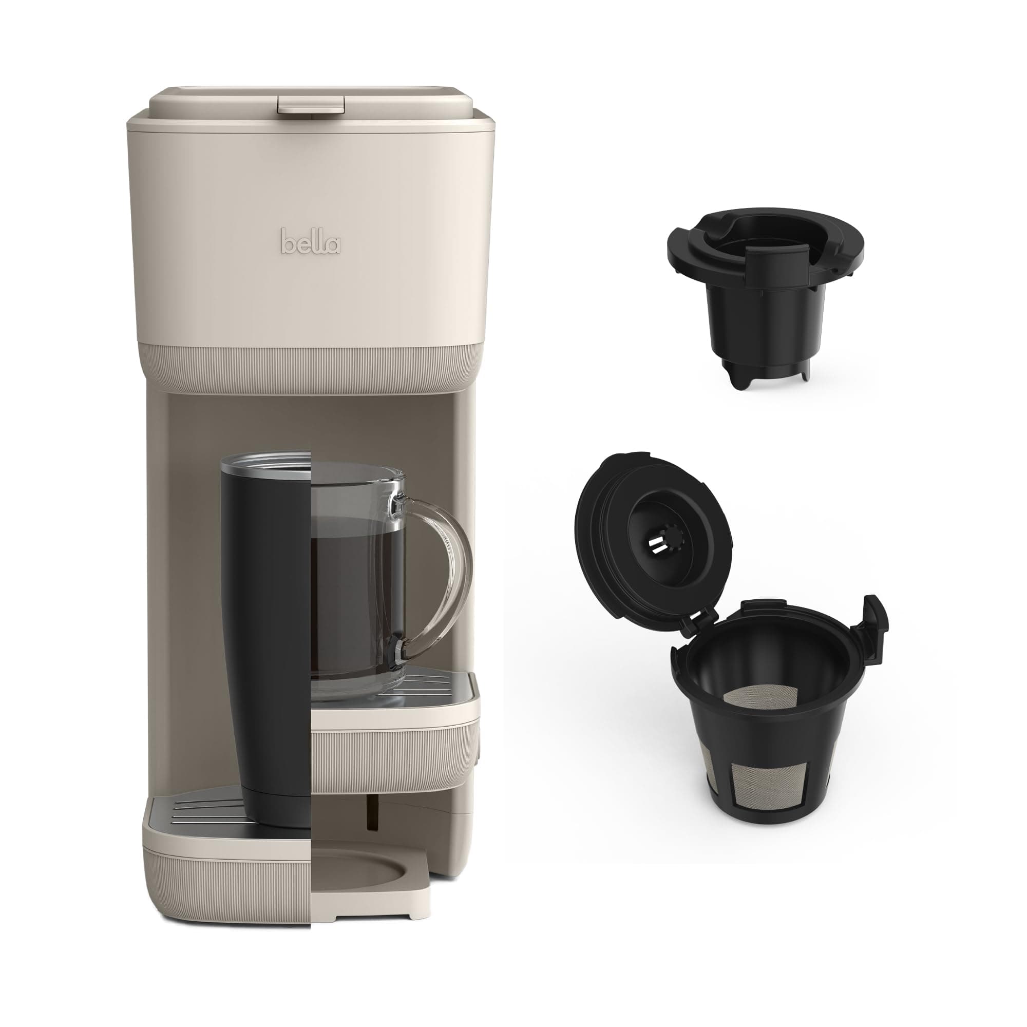 BELLA Single Serve Coffee Maker, K Cup & Coffee Ground Compatible with Removable, Adjustable Drip Tray, Auto Shutoff & Reusable Dishwasher Safe Accessories, Brews 6oz to 14oz, 1000 Watt, Oatmilk