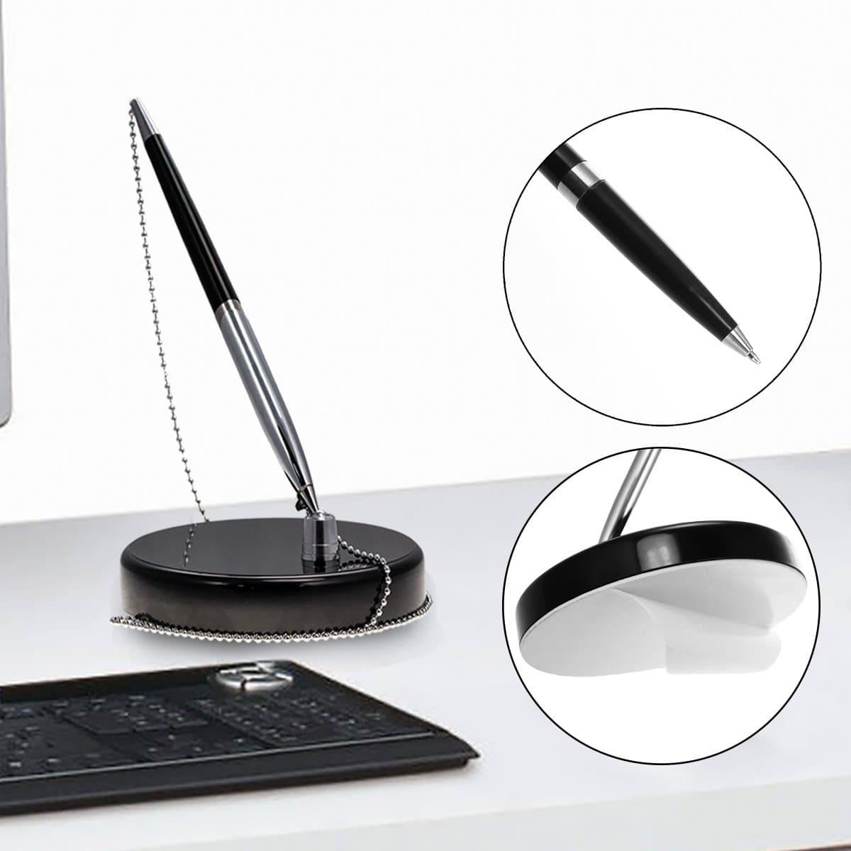 Ballpoint Pen Secure Chain Attached Base Stays Stand Desk Office Retail Holder