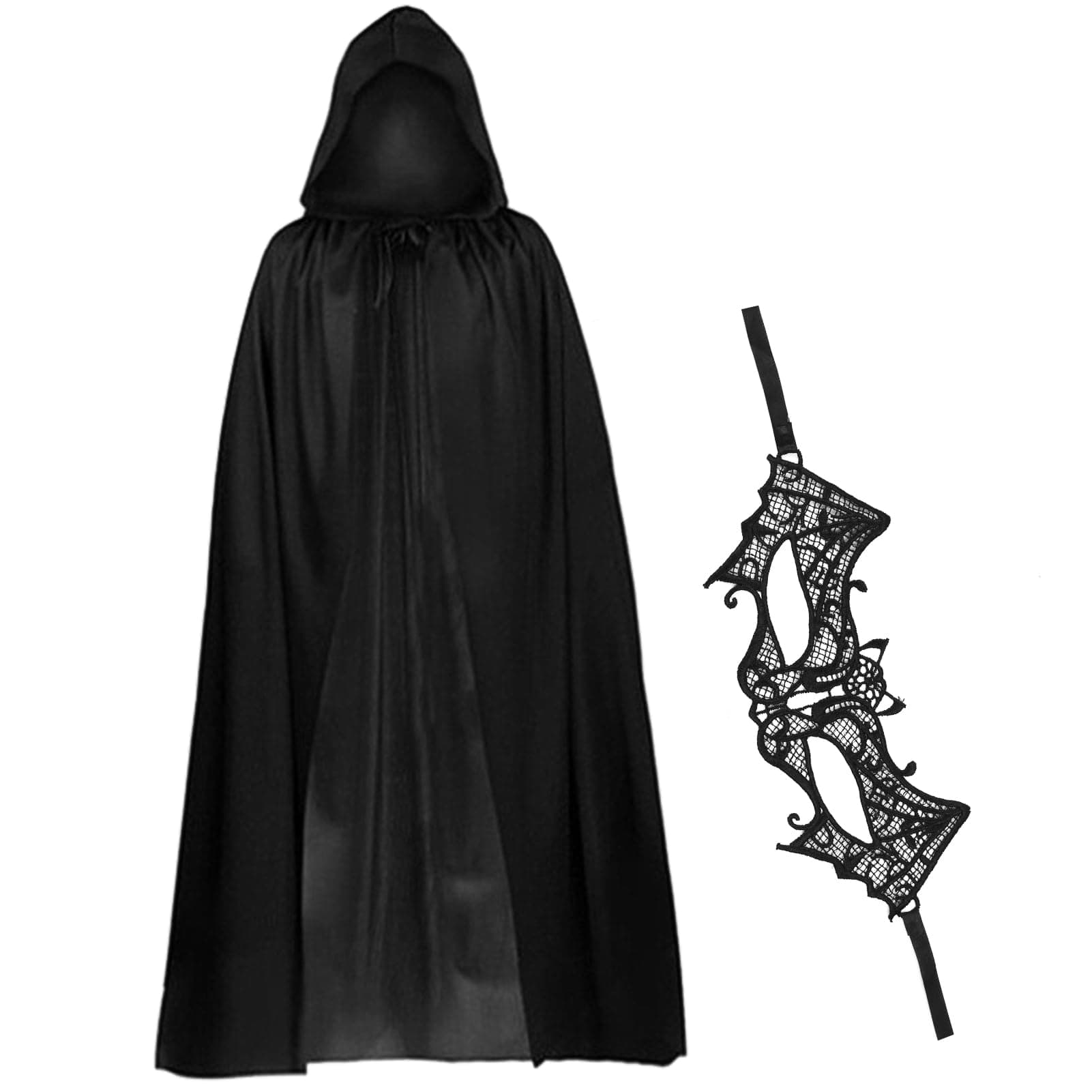Halloween Black Hooded Cloak Cape With Mask, Halloween Medieval Cloak Harry Potter Costume Adult Voldemort Fancy Dress for Women Men Kids & Adults