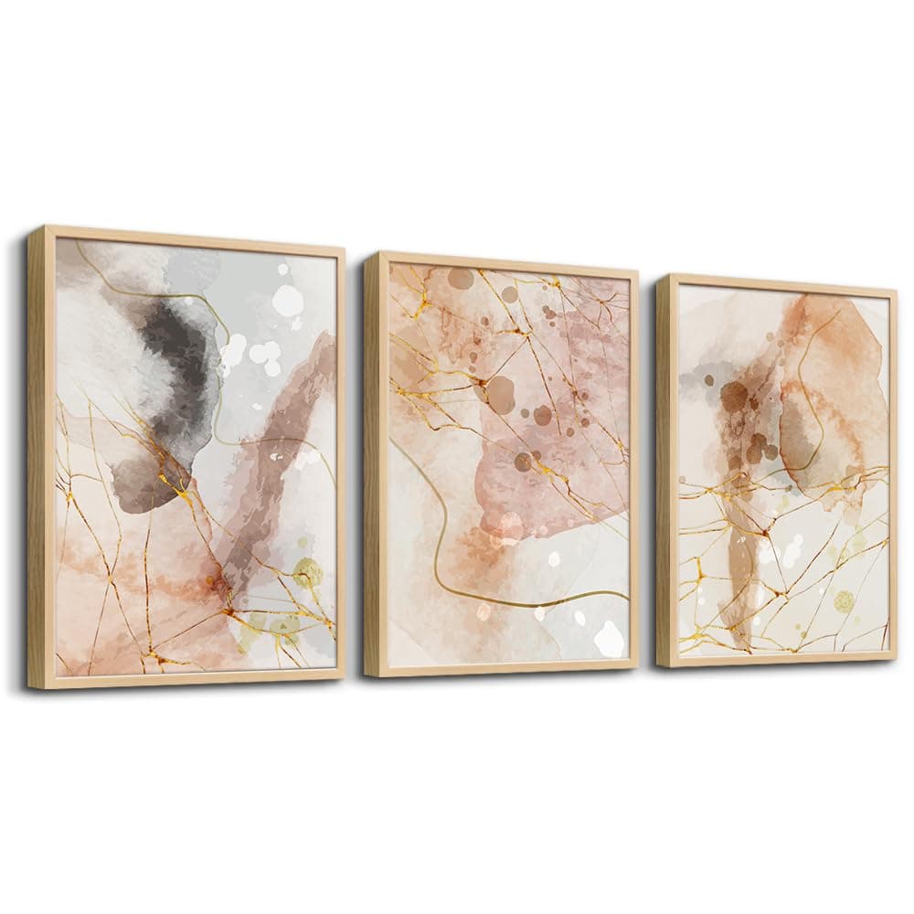 Boho Abstract Wall Art for Living Room, Bedroom, Office - Minimalist Ink Painting Prints with Natural Wood Frame - 3 Piece Home Decor
