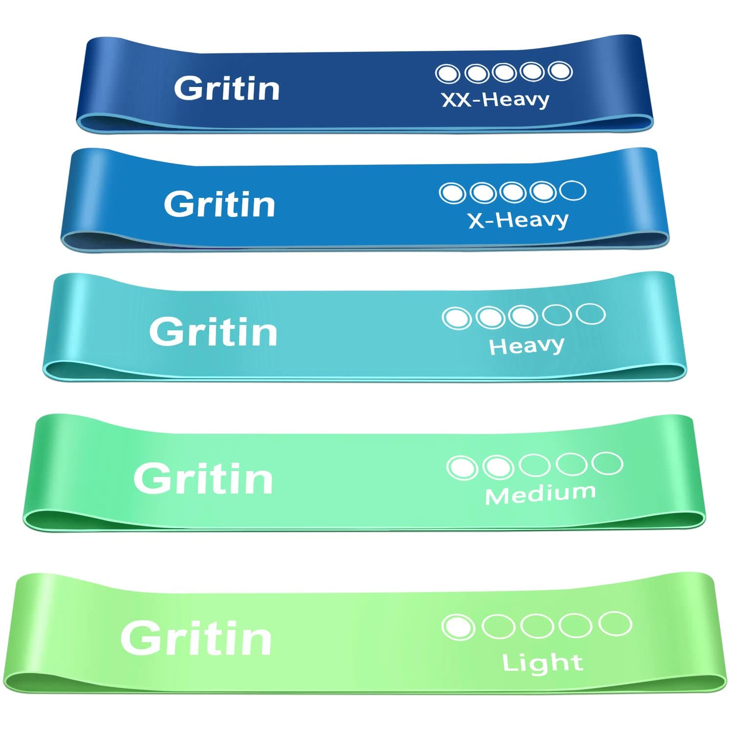 Gritin Resistance Bands, Set of 5 Skin-Friendly Resistance Fitness Exercise Loop Bands with 5 Different Strength Levels - Carrying Case Included - Ideal for Home, Gym, Yoga, Training