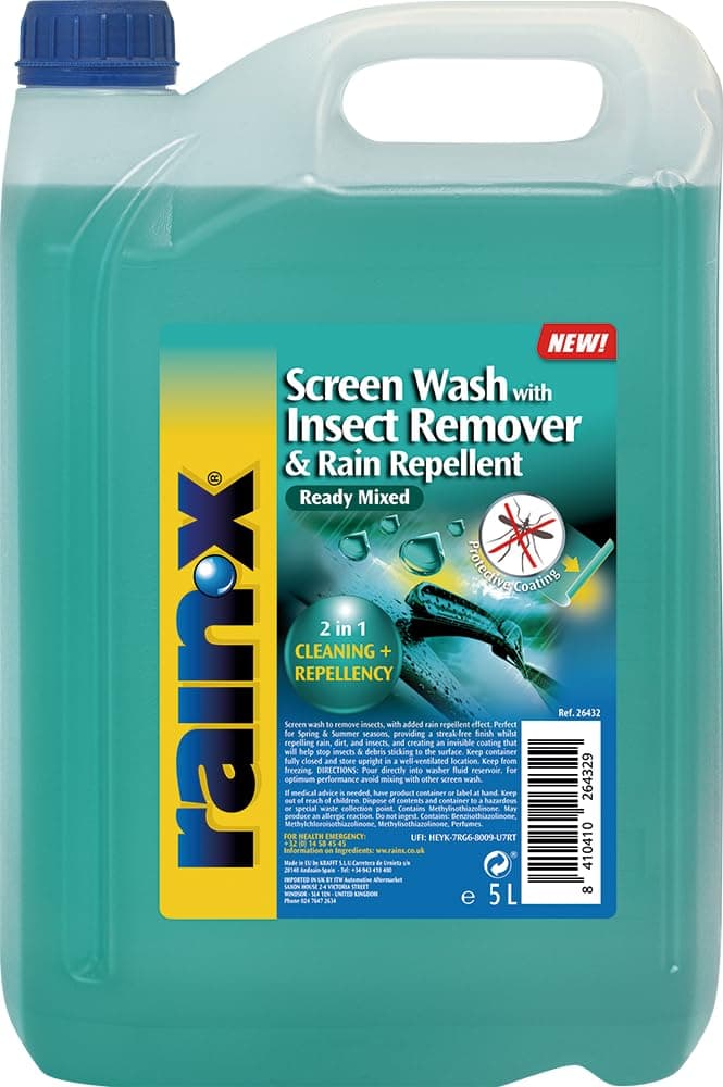 RTU Screenwash with Insect Remover & Rain Repellent - Streak-Free Windscreen - Hydrophobic Technology for Superior Rain Protection in Summer - Prevents Bacteria & Enhances Visibility - 5L