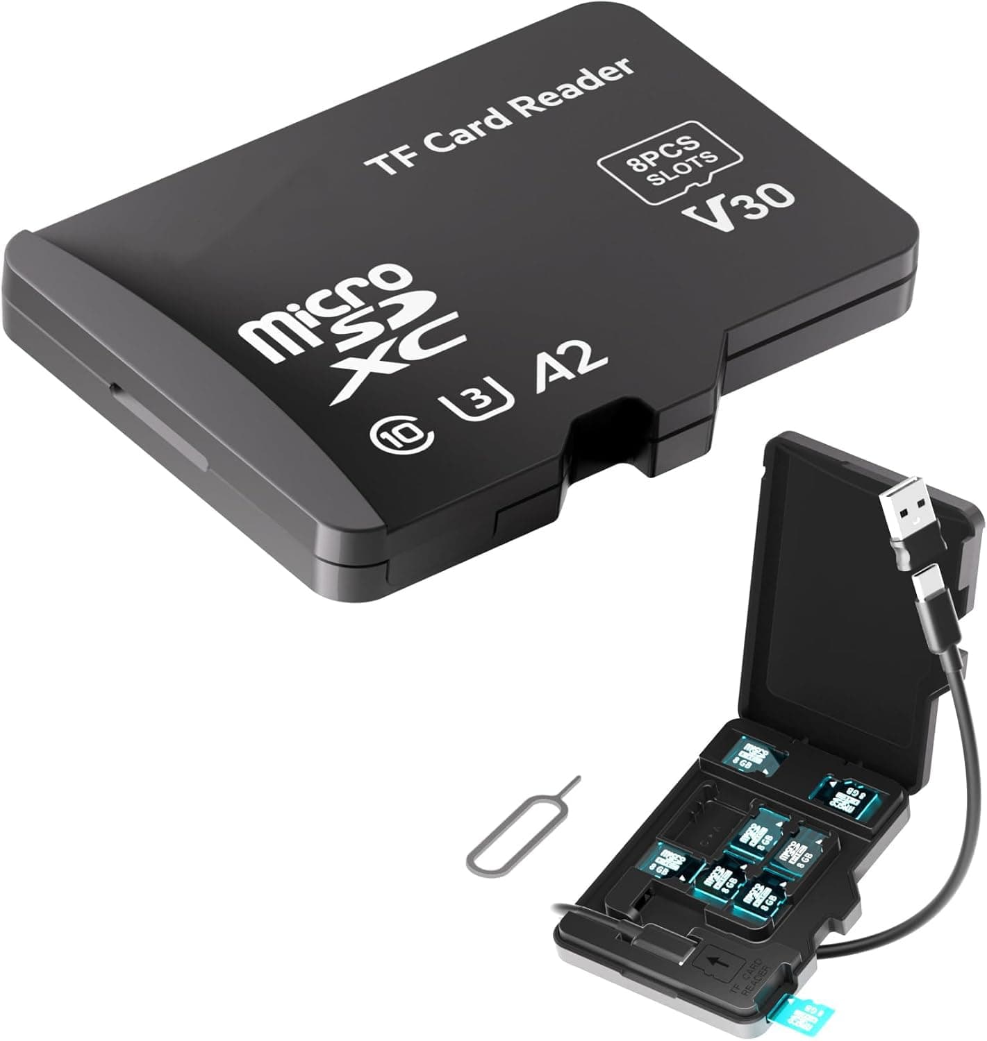 AzoneeMulti-Function Card Reader, USB Type C Cable and 6 USB Adapters Combo Set, Mini Mirror Sd Cf Card Reader USB Type C Charging and Data Transfer Cable (Black Tf Card Reader)