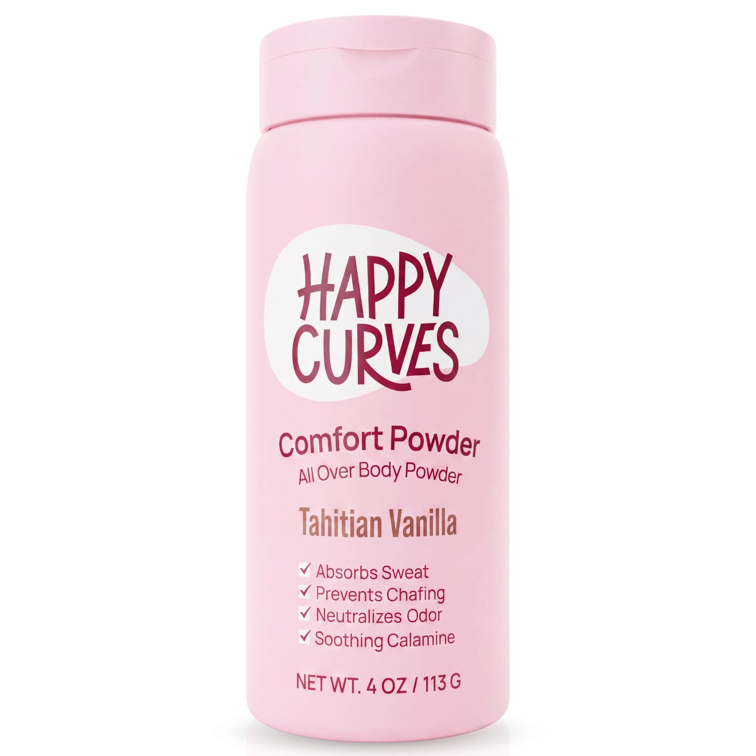 HAPPY CURVES Comfort Powder: Talc Free Anti Chafe Body & Foot Dusting Powder Deodorant for Inner Thigh Chafing, Private Areas, and All Over Body for Women 4oz (Pack of 1), Tahitian Vanilla