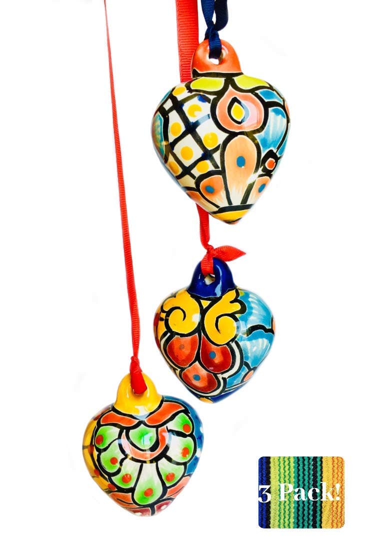 TexMex Fun Stuff Mexican Talavera Heart Ornaments-Set of 3 Different Hand Painted Ceramic Hearts with Ribbon