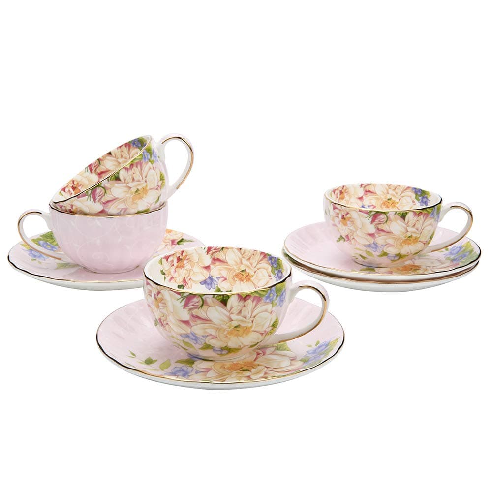 JinGlory Fine Bone China Tea Cups and Saucers Set of 4 Coffee Cup Set for Mocha Latte Cappuccino (Flowers)