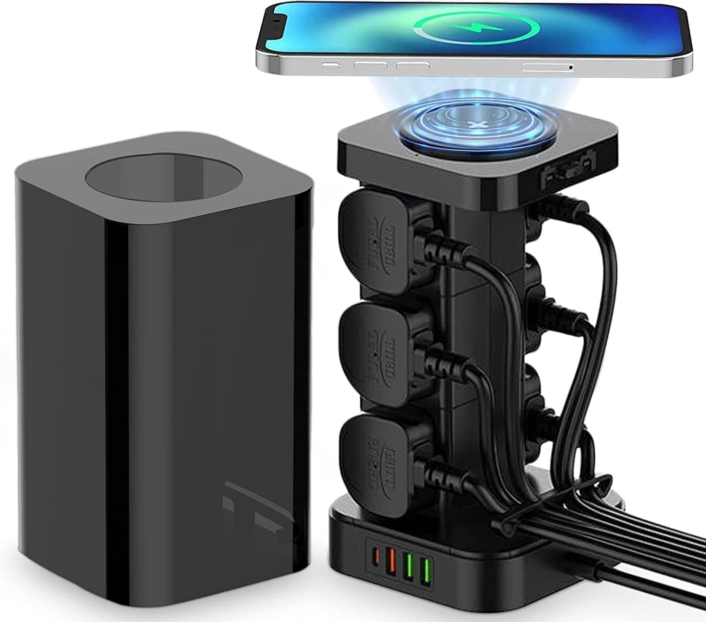 3 in 1 Power Extension Cord With Wireless Charger, And Cable Management Box with lock,4 USB Ports (30W 1* PD,18W 1* QC3.0,2* USB-A), And 6 Outlets 2500W Power Socket for Home, Office (TOWER)